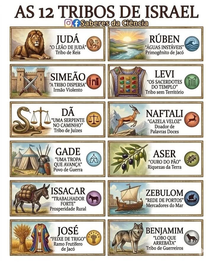 This is a highly structured infographic design utilizing detailed illustrative icons paired with textual information to present historical or religious data. The visual language is rich in earthy tones and detailed engravings, creating a sense of ancient authority and educational depth. The composition is clean and modular, making the twelve entries easily digestible.