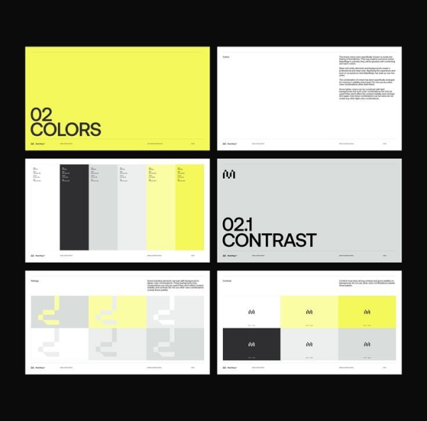 This set of designs showcases a clean, minimalist aesthetic utilizing high contrast between solid blocks of color and stark white space. The visual language is modern, structured, and relies heavily on geometric shapes to convey information clearly.