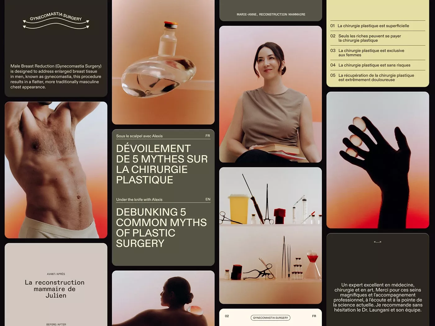 The image is a grid layout featuring professional, clean imagery related to cosmetic or reconstructive surgery. The design uses soft lighting and muted tones to convey trust, expertise, and medical precision.