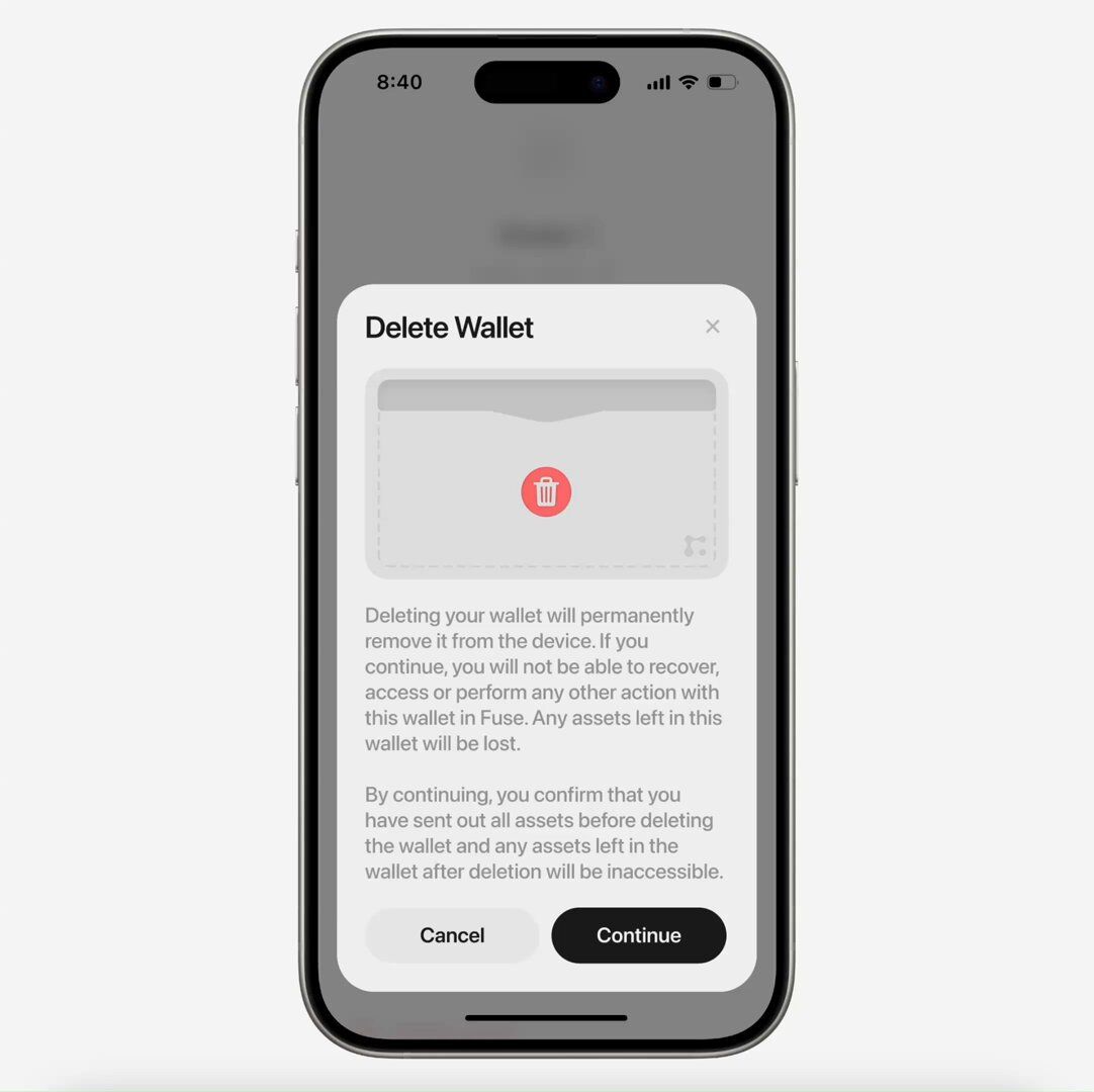 The screen presents a clean, minimalist interface for a critical user action (deleting a wallet), utilizing ample white space and subtle grayscale tones to convey seriousness. The design is functional, prioritizing clarity for the user's confirmation process.