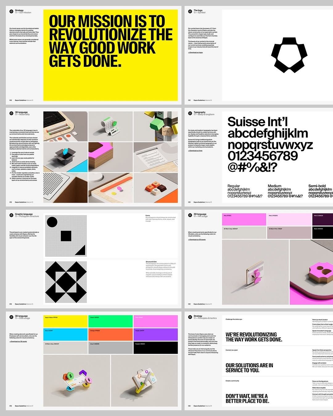 This design showcases a clean, modern, and highly structured visual language utilizing strong geometric shapes and high-contrast typography. The layout is modular and grid-based, effectively presenting mission statements and diverse content in a professional and organized manner.