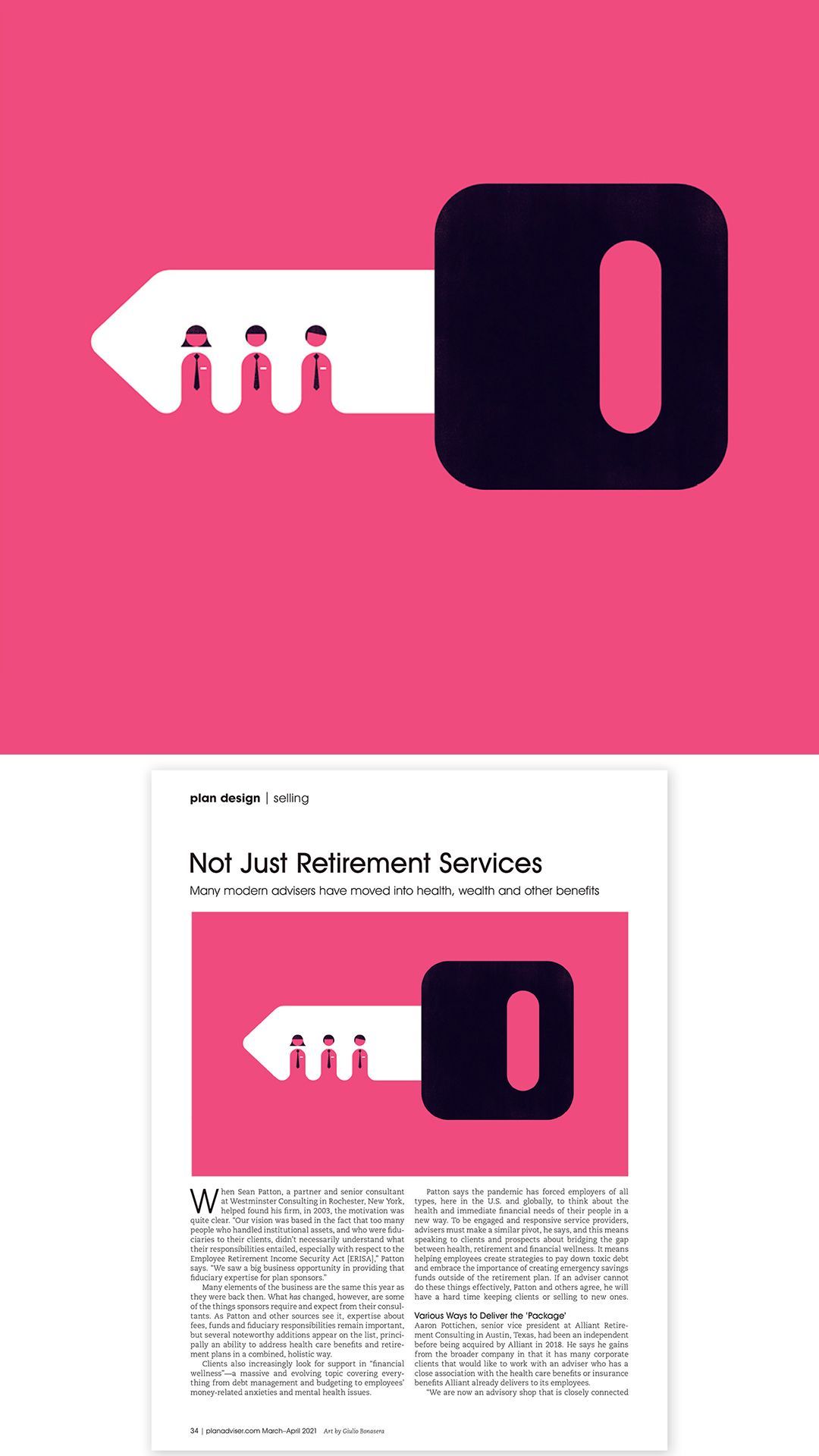 The image presents a clean, minimalist design featuring a stark contrast between a vibrant pink background and solid black graphic elements. The visual language is modern and direct, utilizing simple shapes to convey a concept related to retirement services.