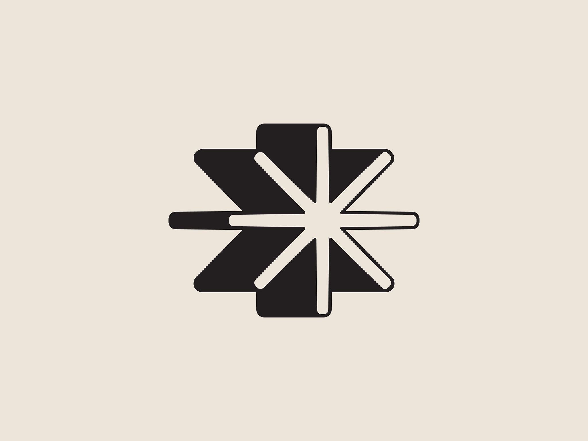 This is a minimalist, geometric icon featuring a stylized, multi-pointed star or asterisk shape. The design relies on negative space and solid black shapes against a neutral background to convey precision and balance.