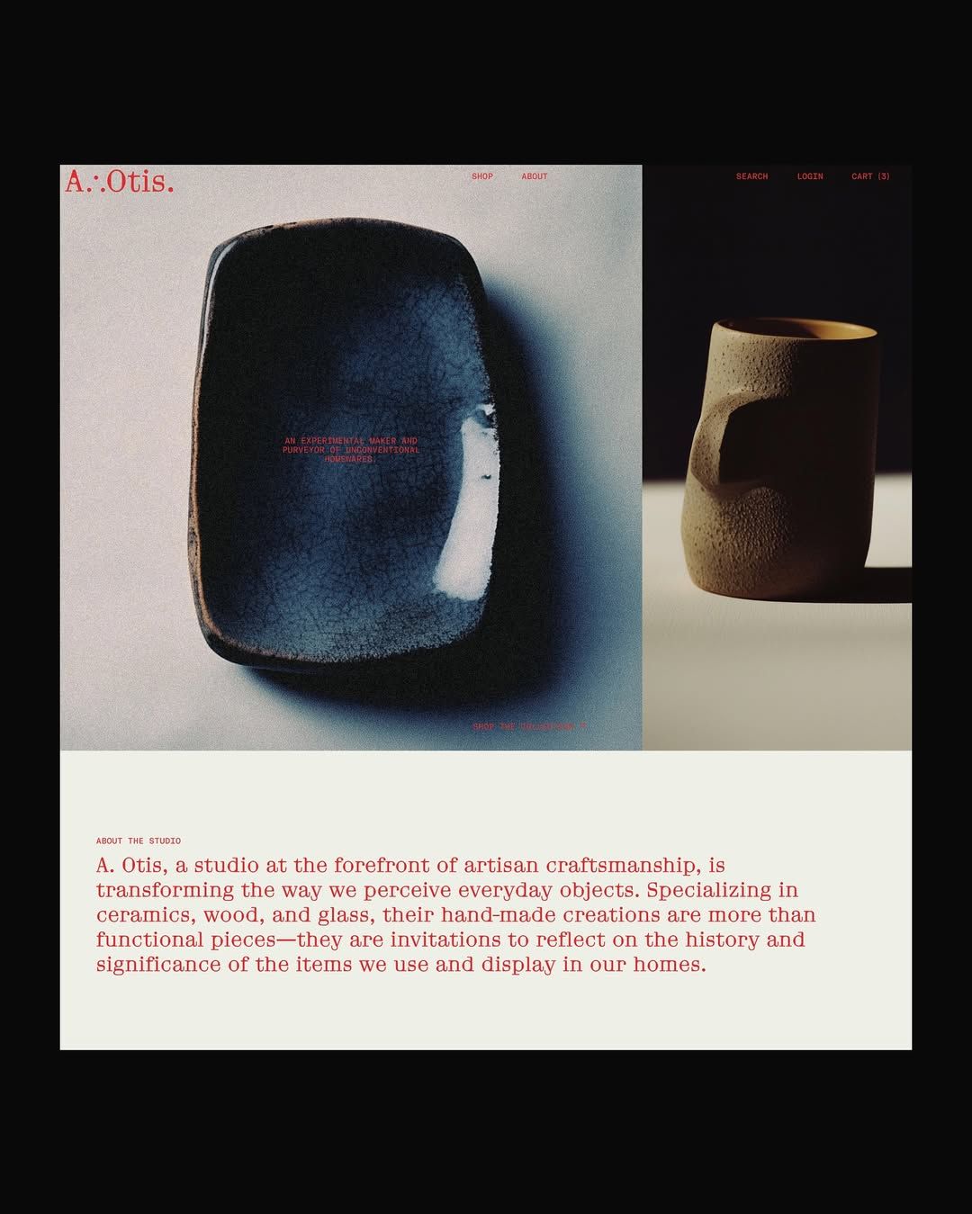 A.Otis ceramics brand portfolio website showcasing product photography and brand storytelling. Clean minimalist design with focus on product presentation and artisanal craftsmanship narrative, emphasizing quality and design-forward approach.