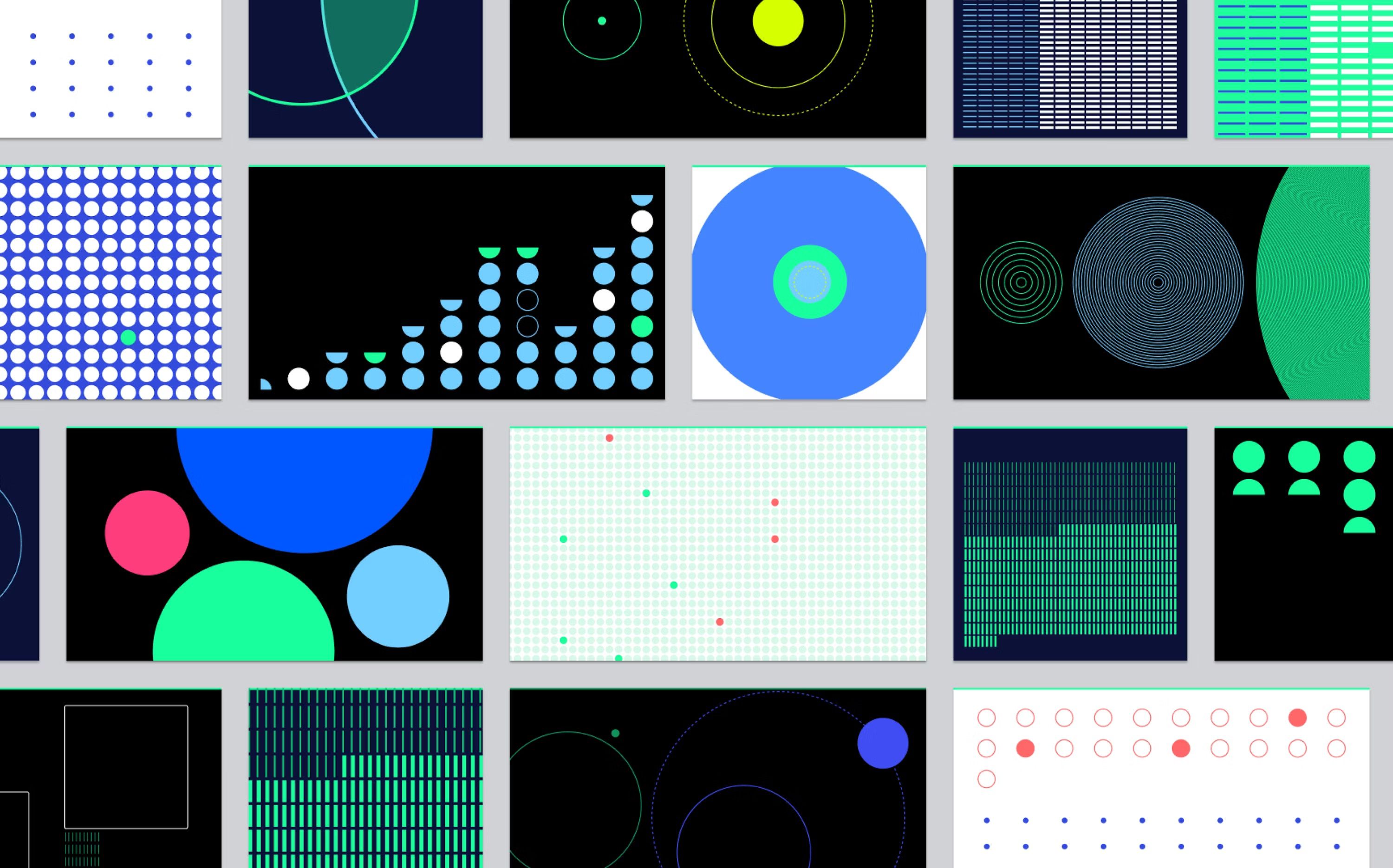 This image presents a modular grid of abstract data visualizations characterized by geometric shapes, dotted patterns, and bar graphs set against a dark background. The visual language is clean, modern, and highly focused on conveying information through color contrast and spatial arrangement. The overall feel is analytical and futuristic, suggesting complex data processing.