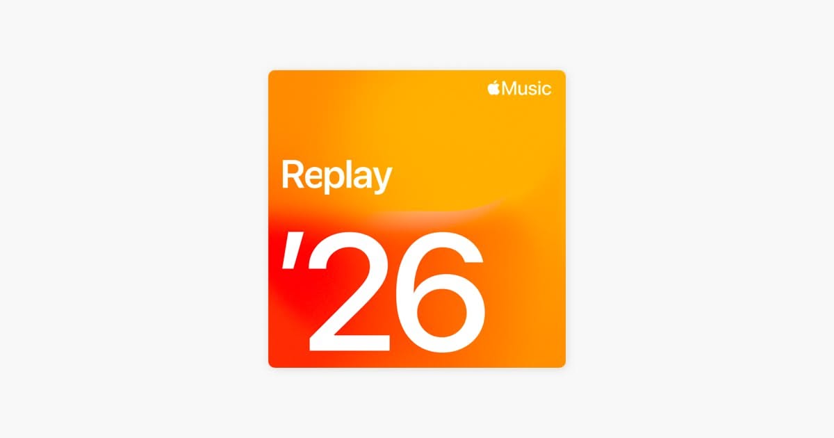 Apple Music Replay '26 branded design card with vibrant gradient background and playful typography. Limited edition promotional card showcasing seasonal branding with strong visual hierarchy and music-focused aesthetic.