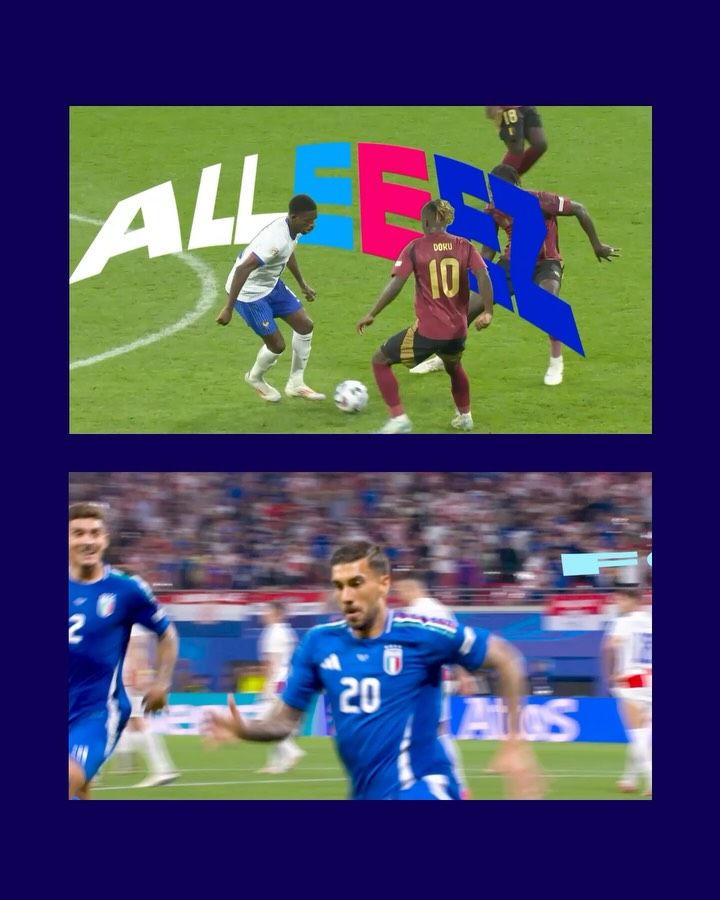 A dynamic sports marketing collage featuring football/soccer action photography with bold, overlaid typography. The design combines vibrant action shots with energetic graphic elements, creating a high-impact promotional aesthetic typical of sports broadcasting or athletic brand campaigns.