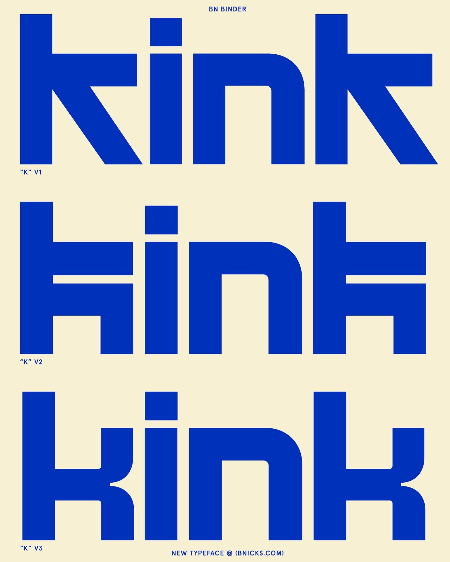 This design utilizes a stark, minimalist approach, relying on the heavy weight and clean geometry of a sans-serif typeface to create immediate visual impact. The repetition of the word 'KINK' across different versions demonstrates a focus on typographic exploration and brand identity.