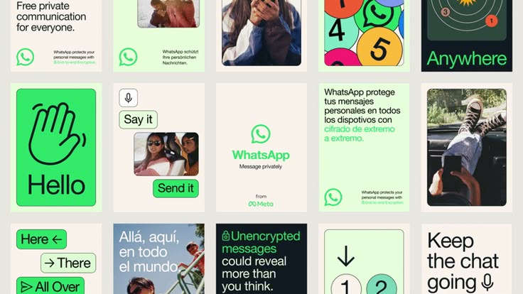 The image displays a grid of mobile application interface mockups, characterized by a clean, modern, and functional design aesthetic typical of messaging services. The visual language relies heavily on simple iconography, clear calls to action, and a bright, accessible color palette.