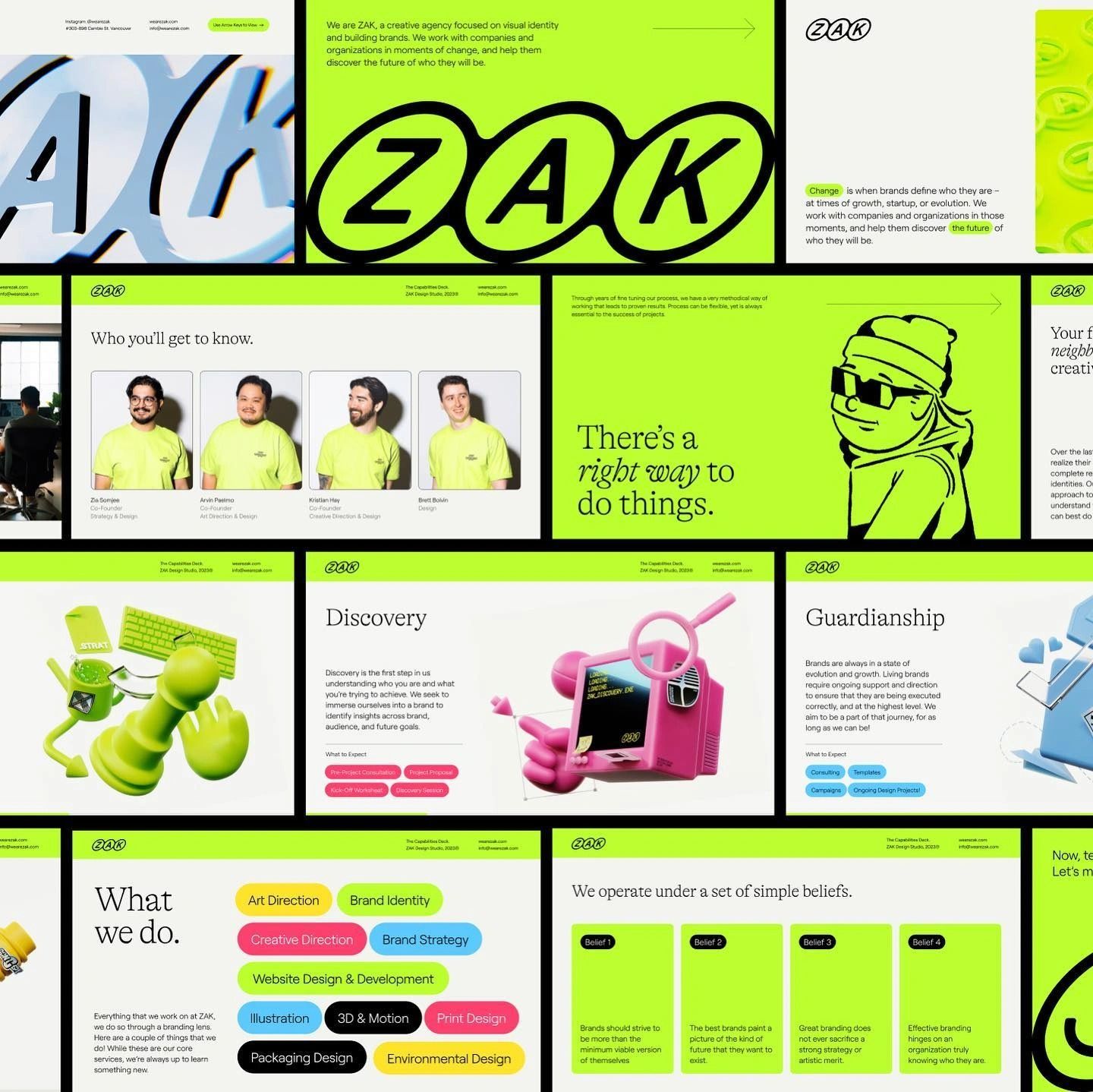 Creative agency website 'ZAK' featuring bold lime green and neon color scheme with experimental typography and dynamic layout. High-impact visual identity reflects creative agency positioning with bold design choices and modern aesthetic.