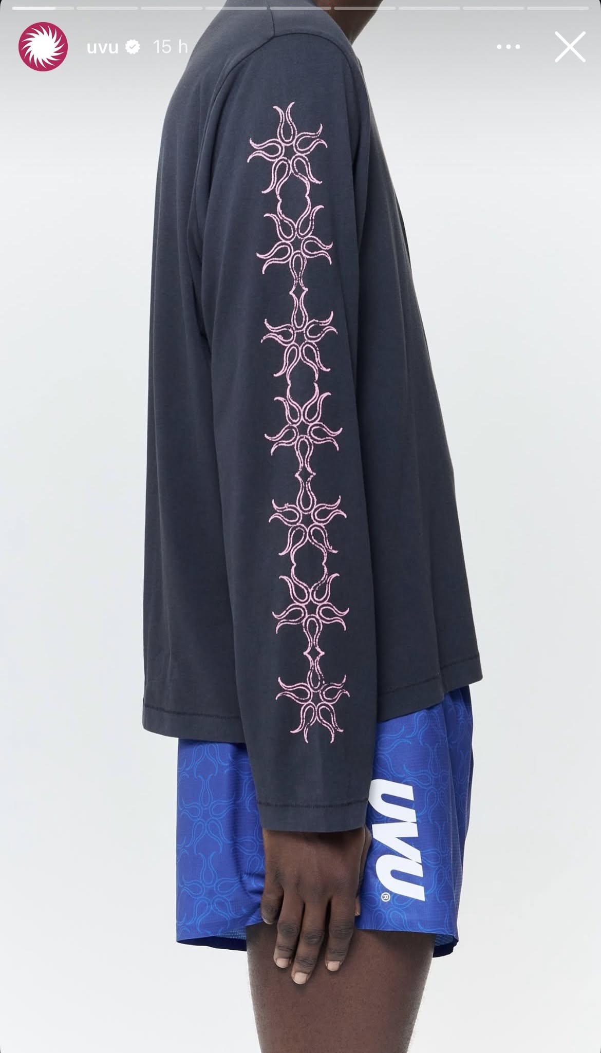 Fashion apparel design showcase for UVU brand featuring geometric back print design. Athletic wear presentation emphasizes bold pattern work and contemporary sports fashion aesthetic with focus on innovative fabric design.