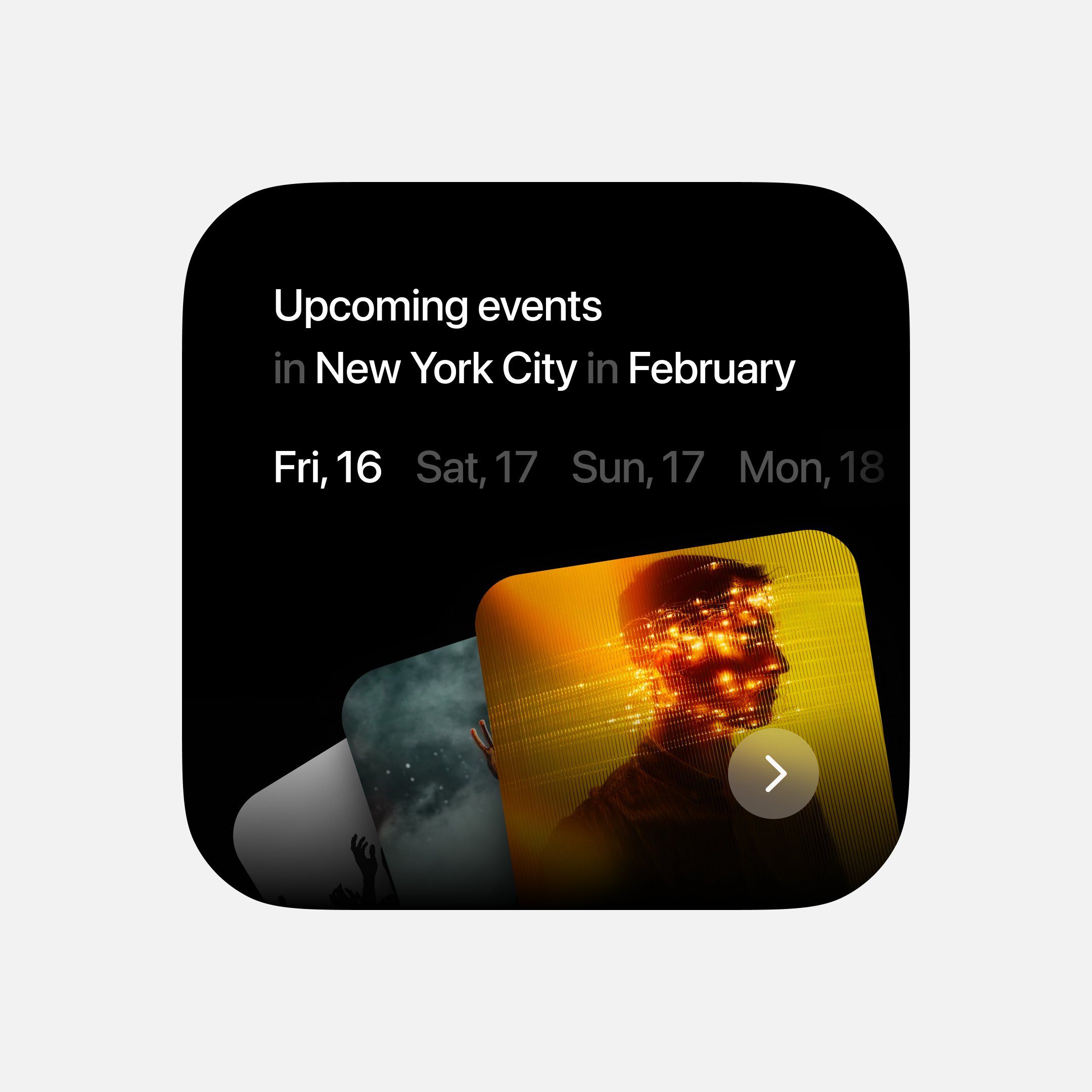 The design features a dark, modern interface presenting upcoming events with a dramatic, warm visual element. It uses high contrast between the dark background and the glowing orange/yellow silhouette to create an engaging and slightly mysterious atmosphere.