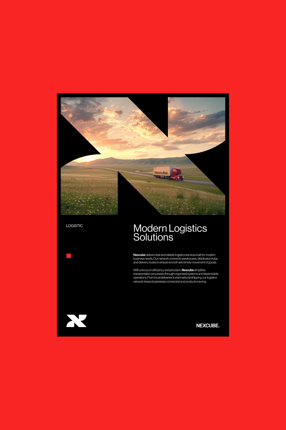 A contemporary corporate poster featuring a geometric fragmented layout with landscape photography showcasing logistics and transportation themes. The design employs bold contrast between vibrant red background and dark black sections, creating a striking visual hierarchy that emphasizes the 'Modern Logistics Solutions' messaging.