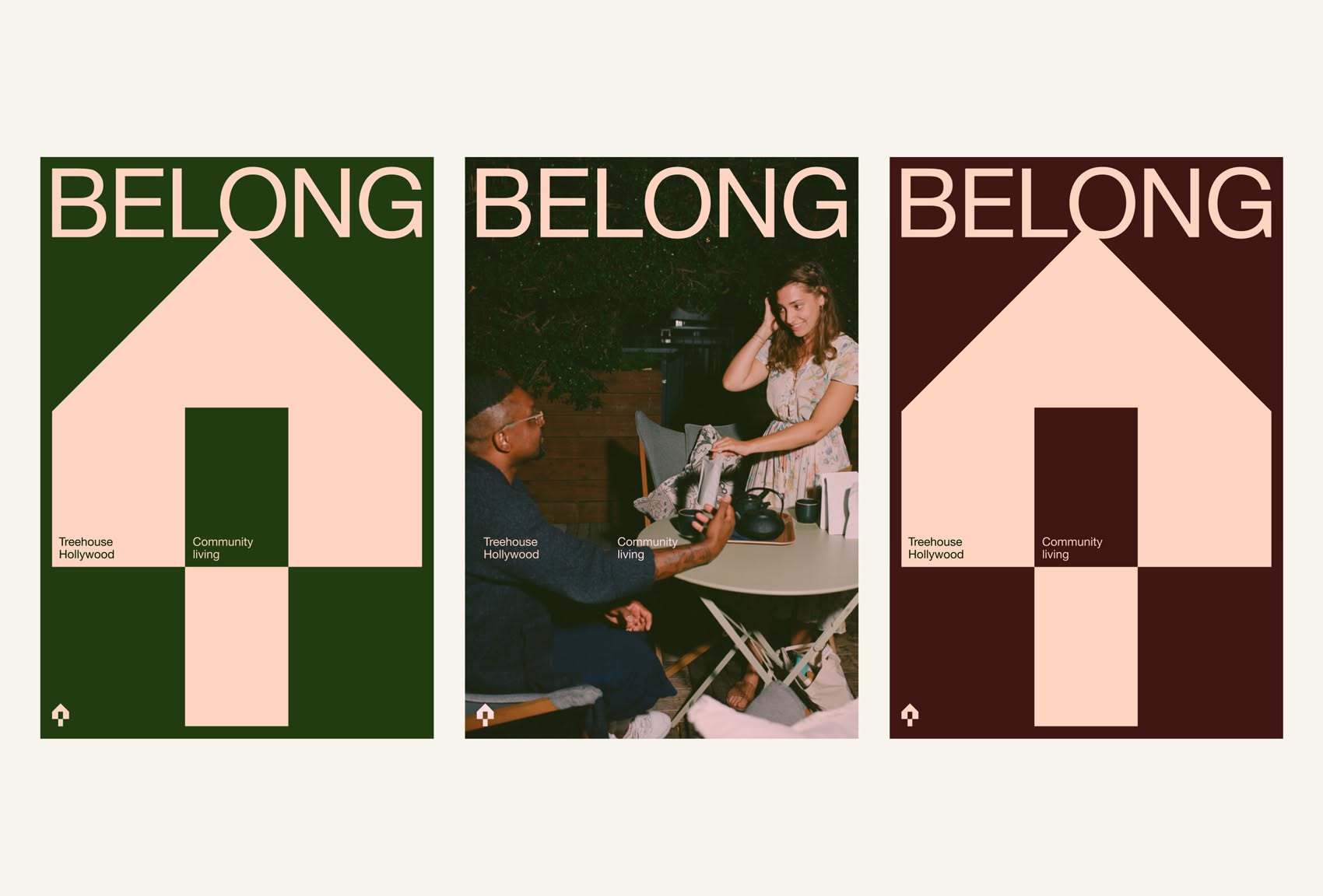 A triptych design system featuring bold geometric house silhouettes with a minimalist aesthetic and consistent typographic hierarchy. The series uses a modular grid structure with alternating solid color blocks and photographic imagery, creating a cohesive brand identity with strong visual rhythm. The design balances contemporary minimalism with warm, earthy tones and human-centered photography.