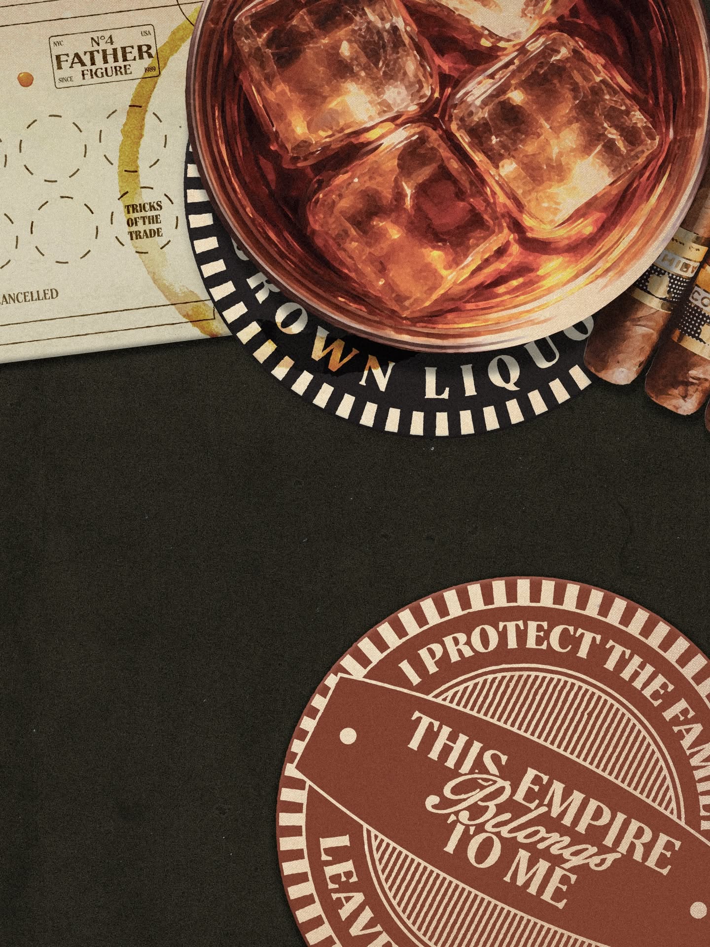 The image features a dark, moody composition dominated by warm, amber tones and textured paper elements. It combines vintage or rustic graphic elements with bold, circular seals to create a sense of heritage and intrigue.