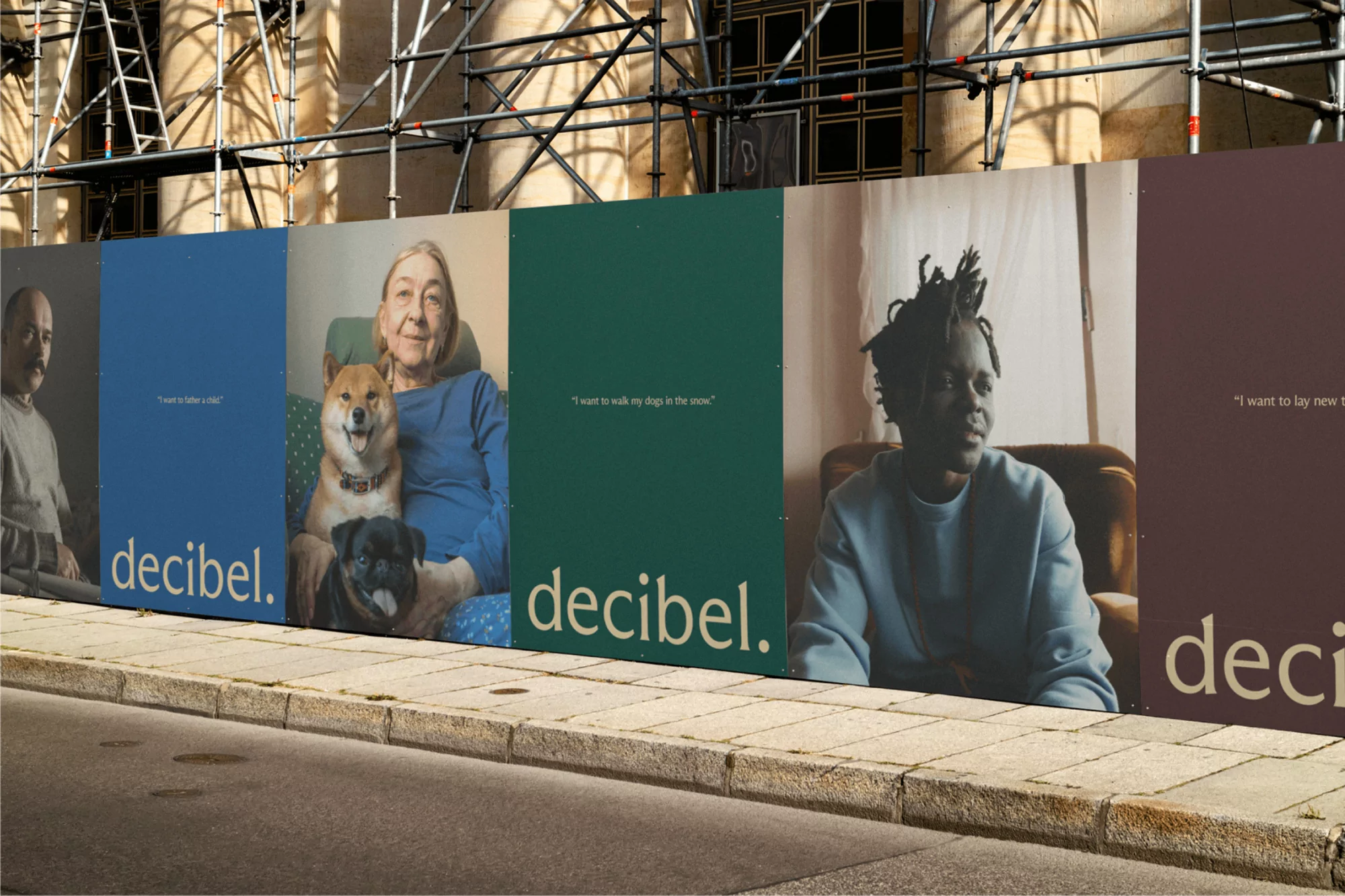 This is a series of large, photographic panels displayed along a sidewalk, featuring portraits of individuals alongside text branding. The design uses a muted, earthy color palette contrasted with deep teal and olive green accents to convey a sense of professionalism and human connection.