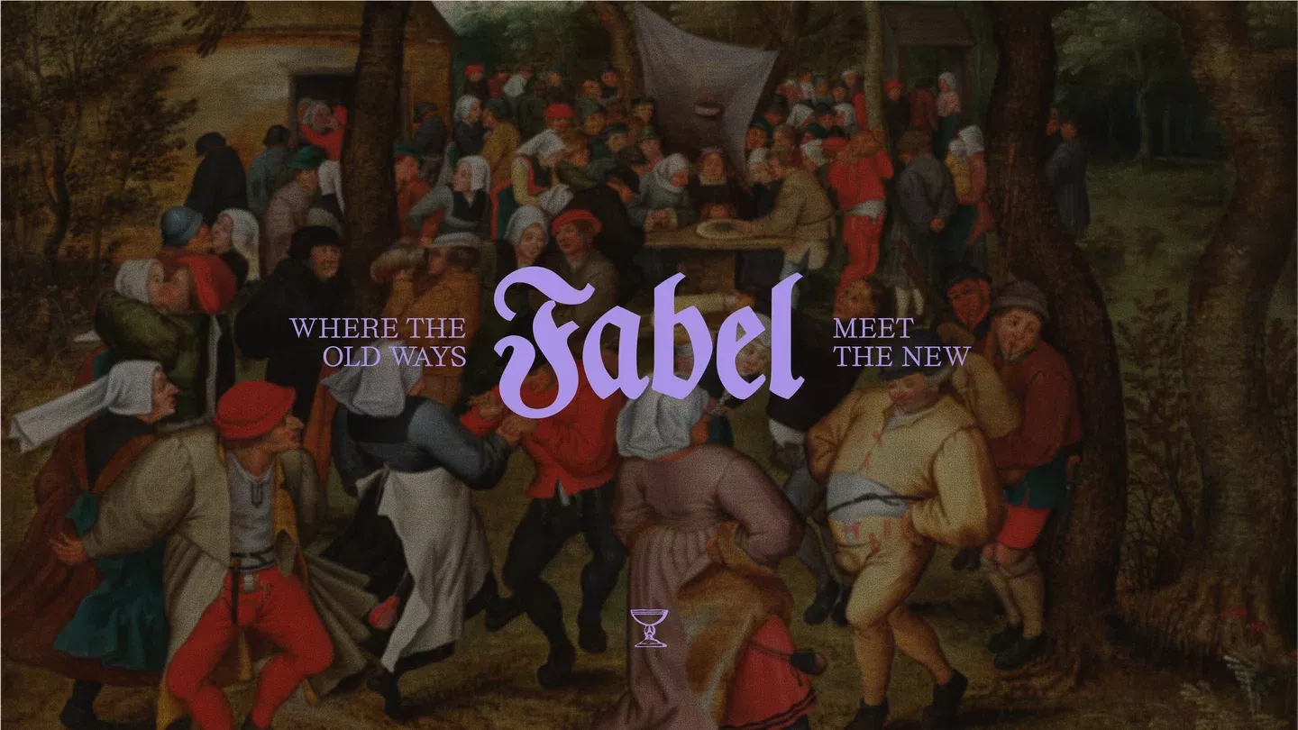 This image blends traditional, painterly illustration with modern graphic overlays, depicting a dense crowd in an outdoor setting. The design creates a narrative sense of transition or convergence between old and new ideas, characterized by rich textures and earthy tones.