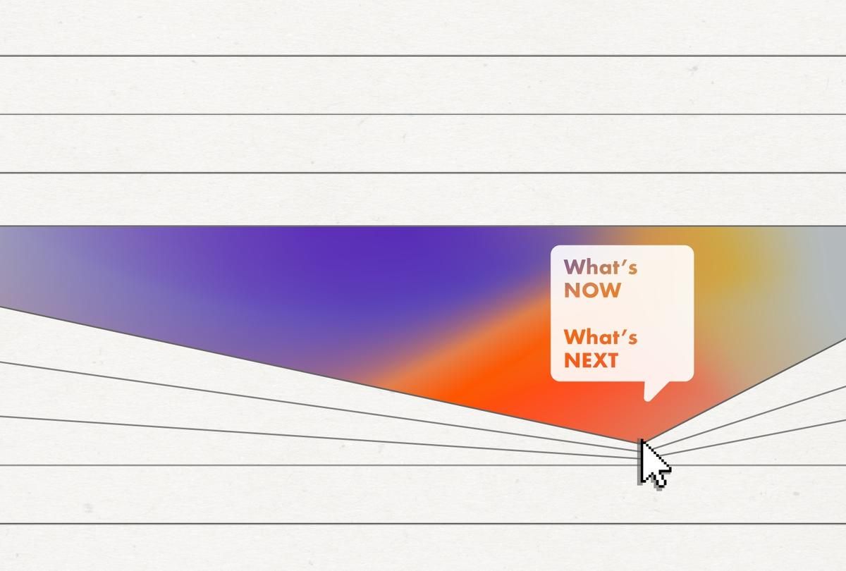 This design utilizes a clean, minimalist approach to illustrate a conceptual transition or progression using a vibrant color gradient. The visual language is highly structured, employing simple lines and distinct zones to guide the viewer's eye from a current state ('NOW') toward a future concept ('NEXT').