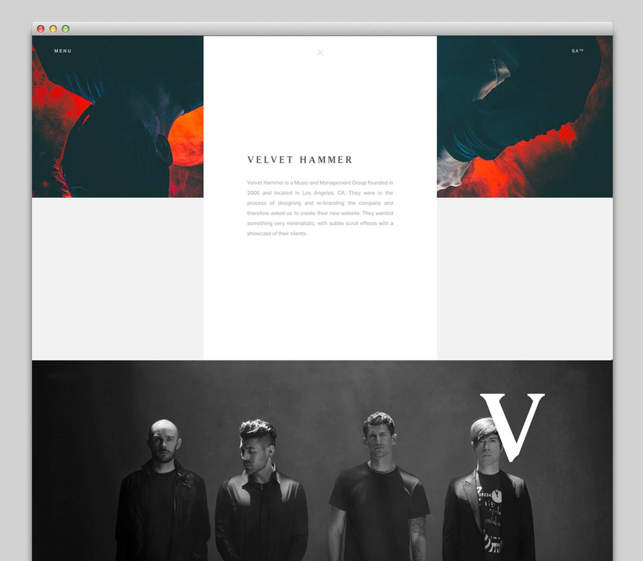 The design employs a stark, minimalist aesthetic dominated by high-contrast black, white, and deep red accents. The layout is clean and spacious, using negative space effectively to draw focus to the central text and the powerful visual elements. The overall feel is sophisticated, modern, and intense.