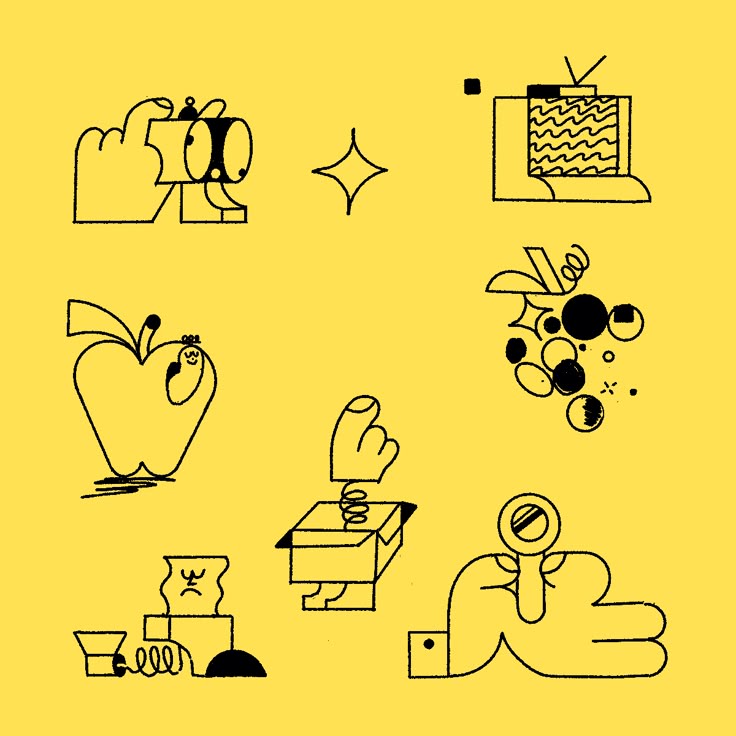 This image is a collection of simple, hand-drawn line icons rendered in a minimalist, sketch-like style. The visual language relies heavily on continuous lines and simple shapes to convey various concepts, suggesting a focus on clarity and conceptual representation.