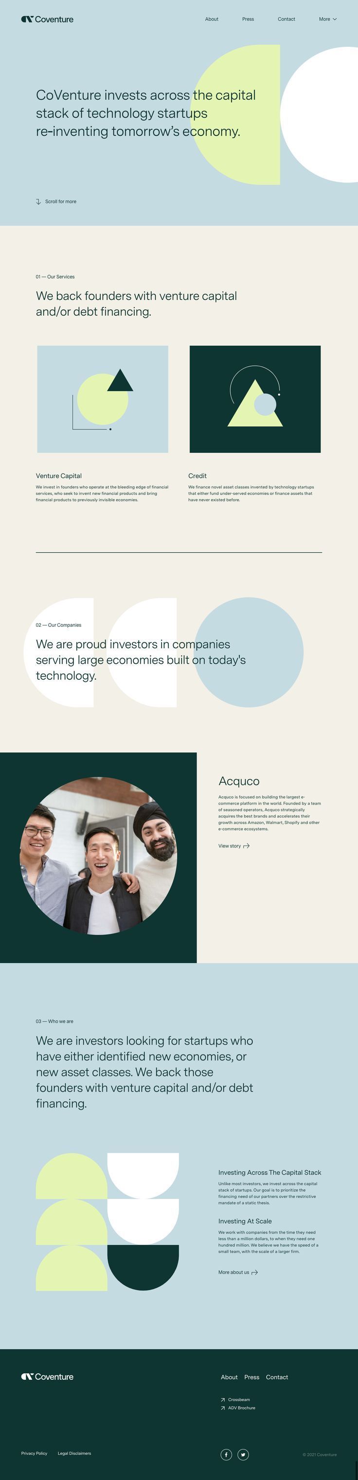 The design employs a clean, modern aesthetic with ample white space and a muted, professional color palette. It uses geometric shapes and simple iconography to convey trust and innovation in the investment sector.