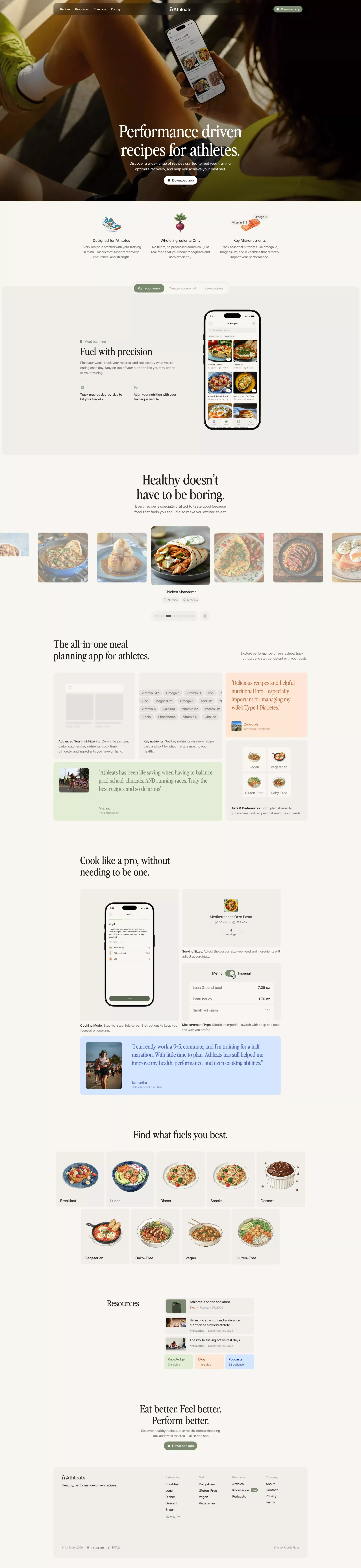 The design employs a clean, minimalist aesthetic utilizing abundant whitespace to create a spacious and highly functional user experience. The visual language is professional and focused, successfully guiding the user through various health and recipe-related services with clarity and organization.