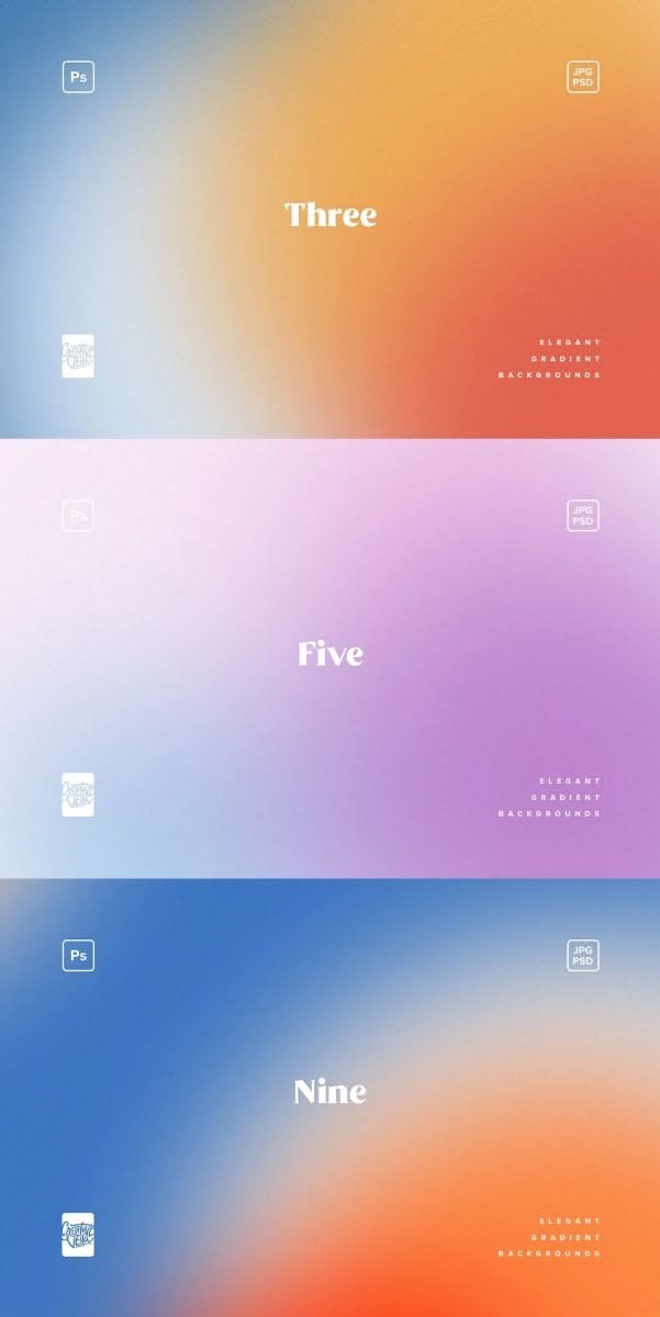This image presents a minimalist, gradient-based design featuring three distinct color blocks, each labeled with a number. The visual language is soft and modern, relying heavily on smooth color transitions and ample negative space to create a serene and sophisticated feel.