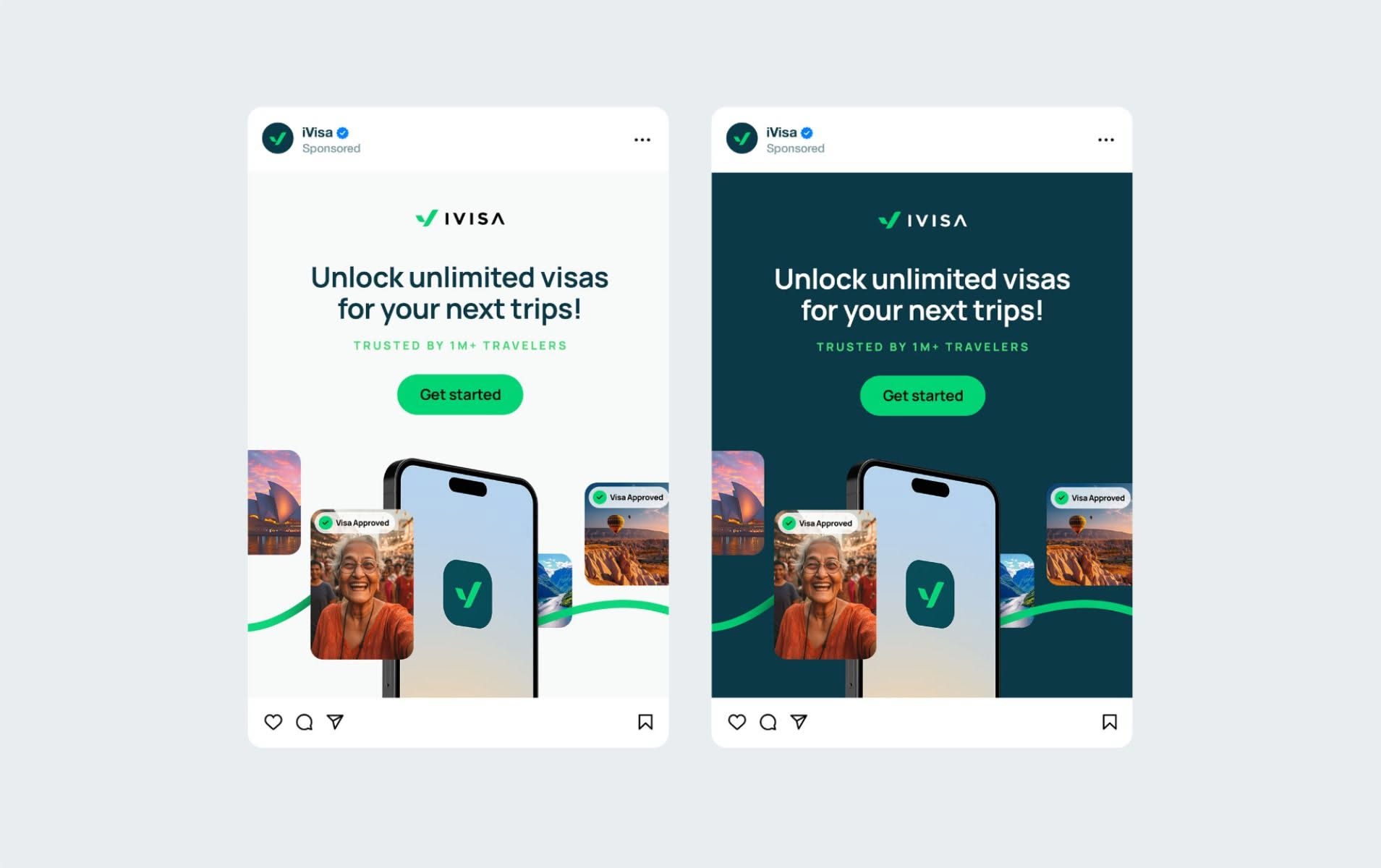 The image displays two visually consistent mobile app advertisements for a travel service, utilizing a clean, modern aesthetic with a dark teal/green and white color scheme. The design emphasizes trust and excitement through clear calls to action and high-quality imagery of happy travelers.