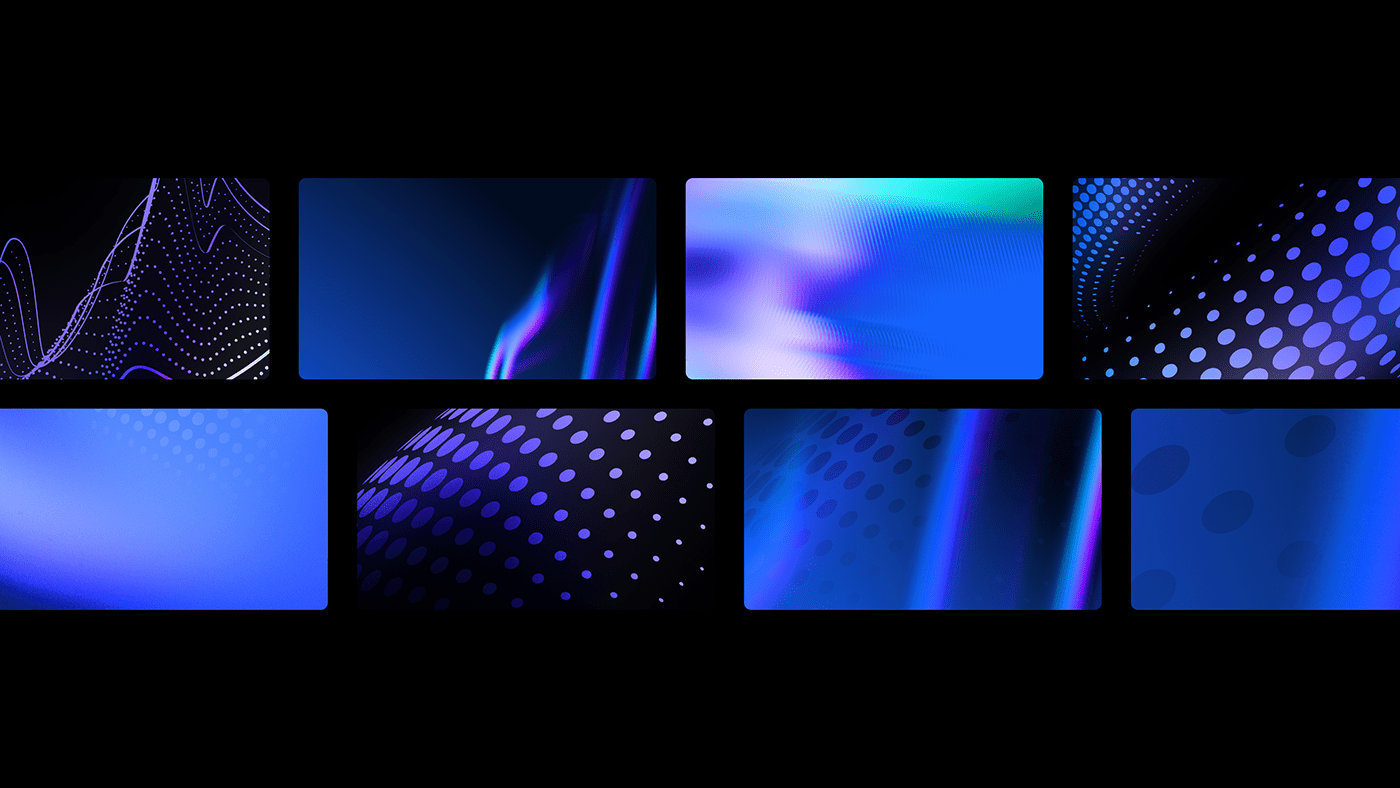 This image is a horizontal strip composed of several abstract, luminous digital gradients and patterns. The visual language relies heavily on smooth transitions, glowing light effects, and modern geometric textures like dots and waves, suggesting a high-tech or futuristic aesthetic.