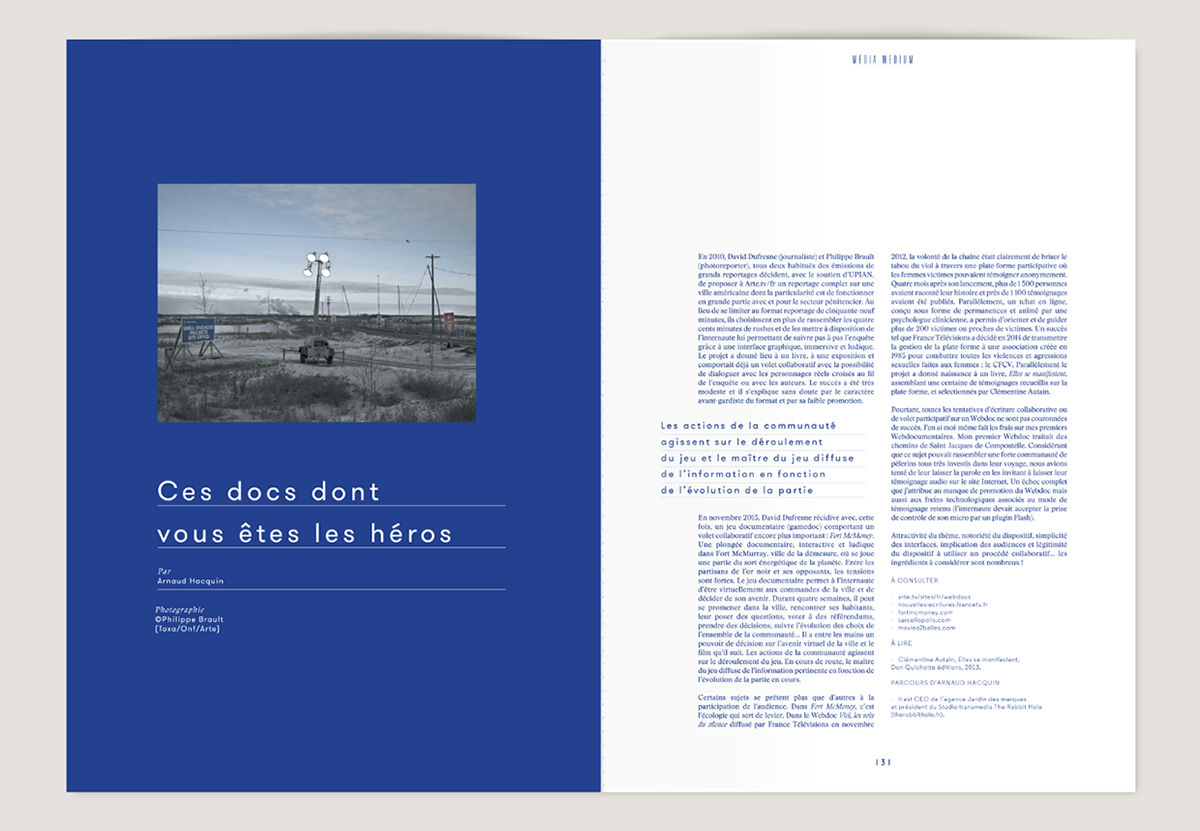 This design employs a clean, minimalist editorial style, utilizing strong color blocking and ample negative space to create a professional and serious tone. The visual language is highly structured, balancing a large photographic element with dense textual information in a sophisticated manner.