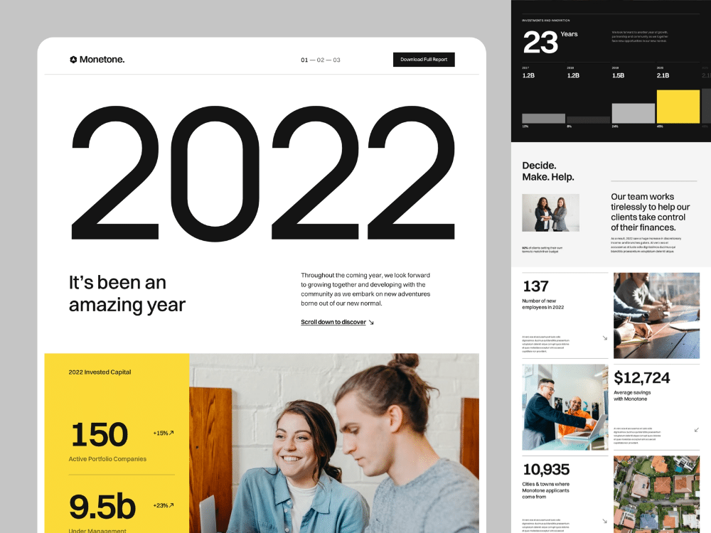The design is clean, modern, and professional, utilizing a high-contrast black and white scheme to emphasize large numerical data. The layout is structured with clear sections, balancing large typography for impact against smaller text blocks for detailed information.