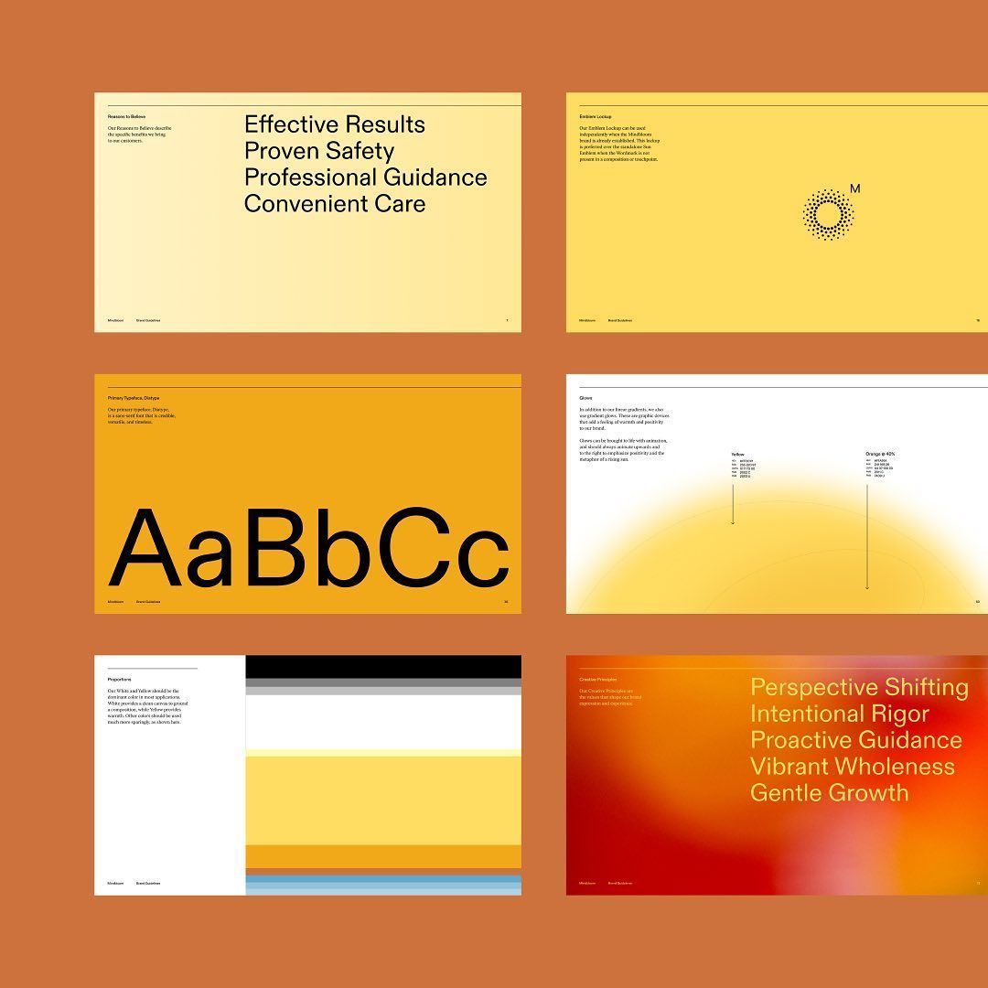 A cohesive brand identity system featuring a warm, professional color palette dominated by golden yellows and burnt oranges. The design demonstrates systematic typography exploration and modular layout principles with clean, minimalist aesthetics and generous whitespace.