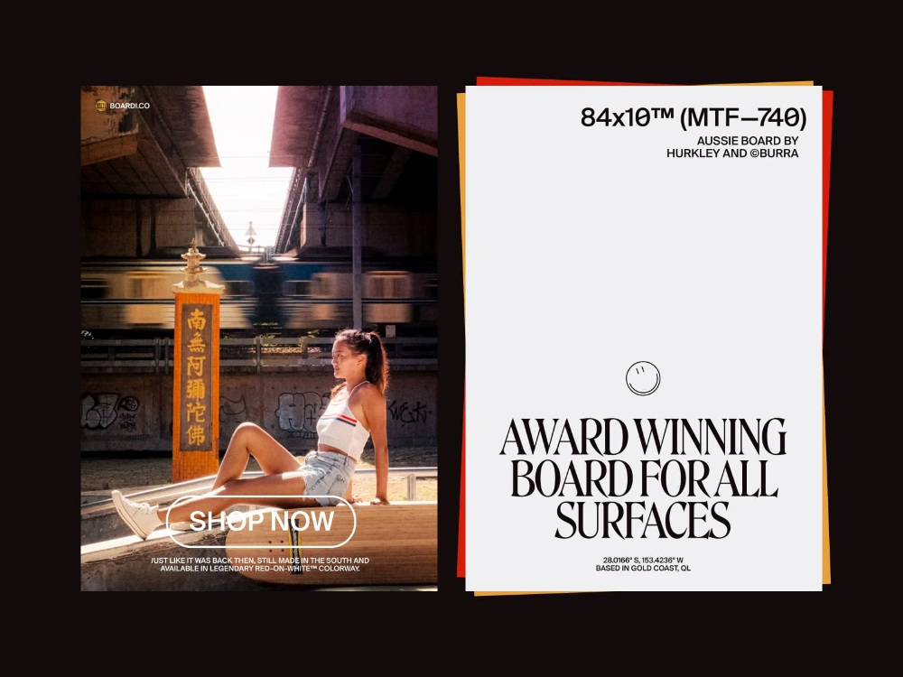 The image presents a clean, minimalist advertisement for a surfboard, utilizing high contrast between the natural wood tones and stark white text on a light background. The design emphasizes craftsmanship and premium quality through simple, direct typography and a strong focus on the product.