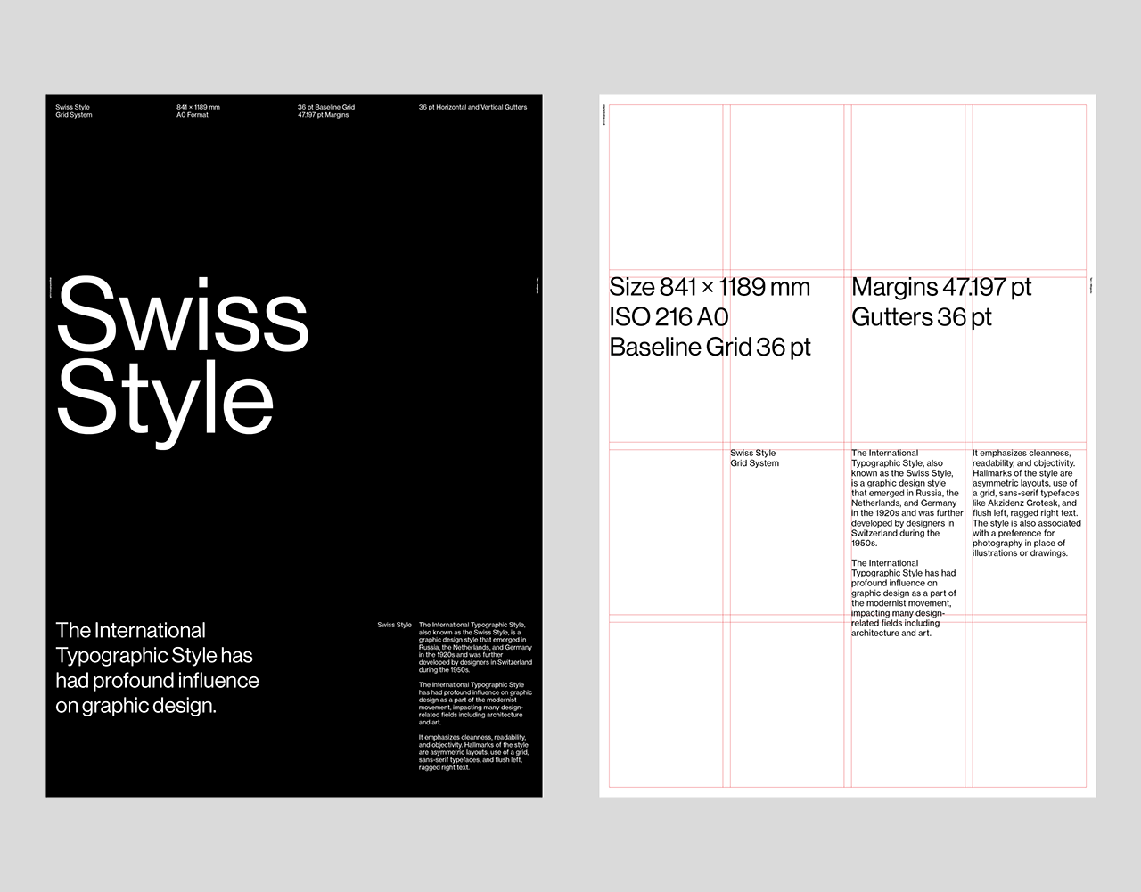 This visual presents a highly structured and minimalist approach, characteristic of Swiss design principles. The layout emphasizes precision through the use of strict grid systems and clear typographic hierarchy, conveying a sense of objective professionalism.