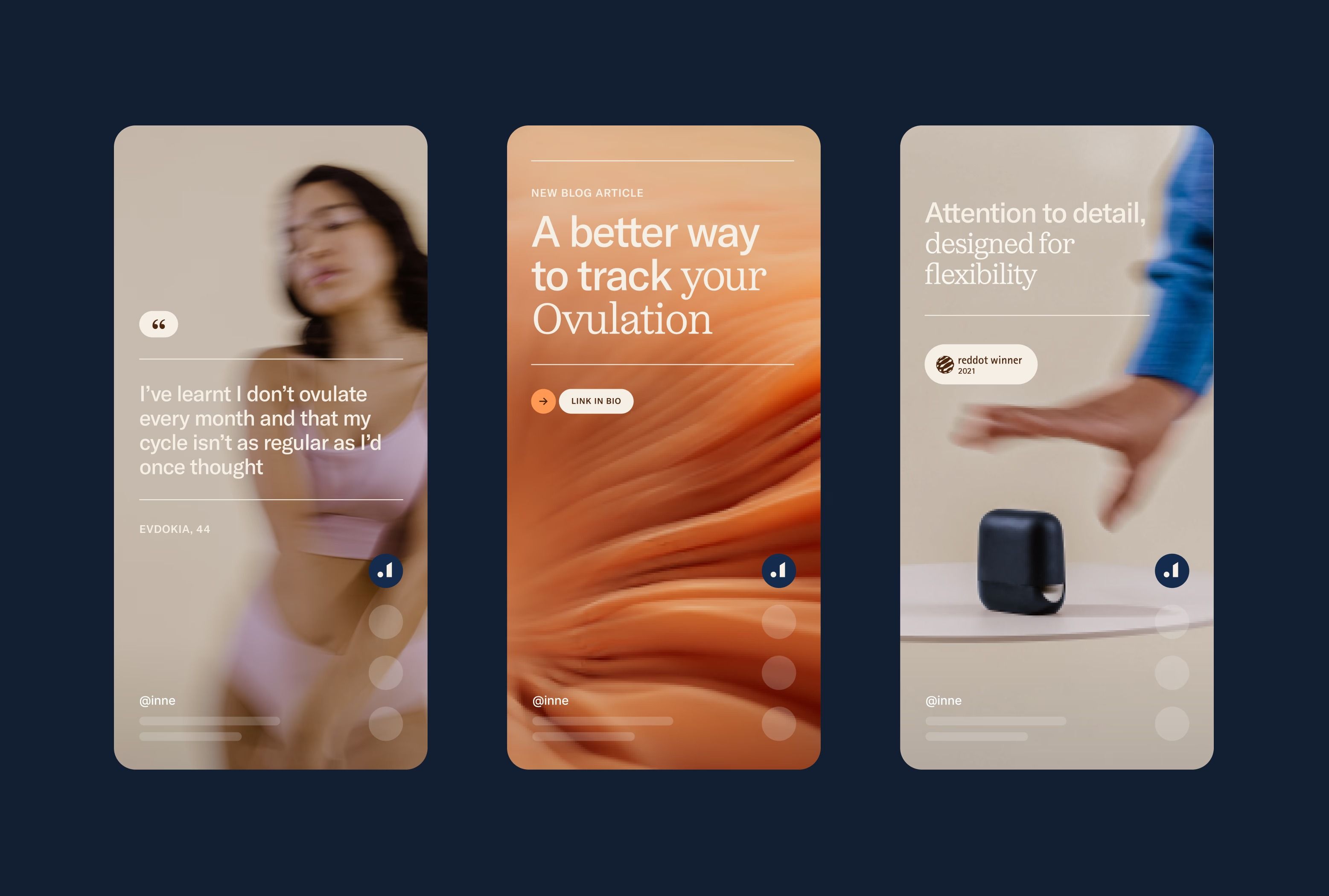 The image displays a set of three vertical cards, likely representing articles or content previews, characterized by a minimalist and warm aesthetic. The design uses soft gradients and ample white space to create an inviting yet professional feel.