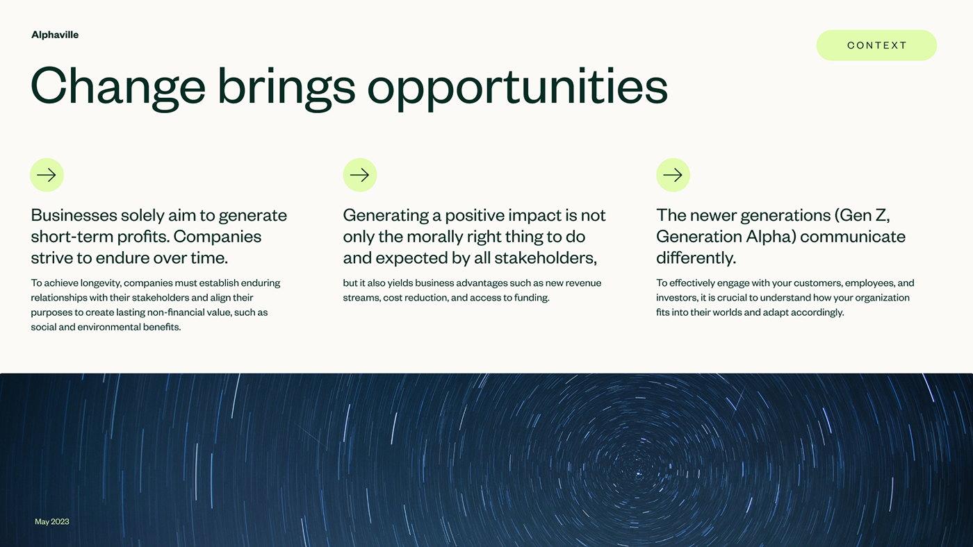 This is a modern, professional presentation slide characterized by a dark, deep blue background contrasted with clean white text and subtle light green accents. The design uses strong visual hierarchy through clear separation of concepts and directional arrows to guide the viewer.