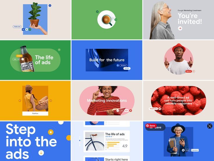 The image displays a grid layout of promotional or informational slides, characterized by a clean, modern aesthetic with distinct blocks of color and imagery. The design uses simple iconography and high-contrast visuals to convey marketing or business concepts in an engaging, direct manner.