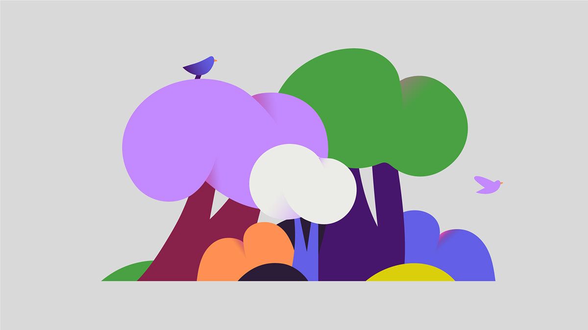 This is a vibrant, flat illustration featuring overlapping organic shapes representing stylized trees and foliage. The design utilizes bold, simplified forms and a rich, contrasting color palette to create an inviting and graphic natural scene.