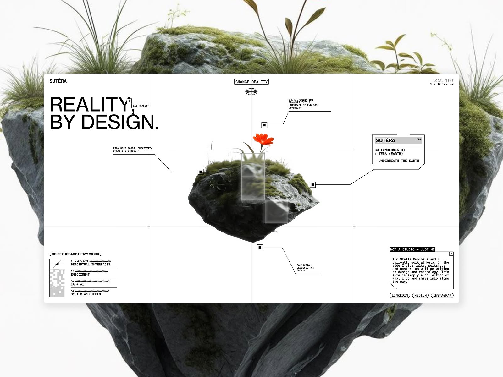 This design presentation juxtaposes rough, organic natural textures with clean, structured graphic elements to convey a conceptual and grounded design philosophy. The visual language balances raw nature imagery with precise informational layout, creating a sophisticated and thoughtful aesthetic.