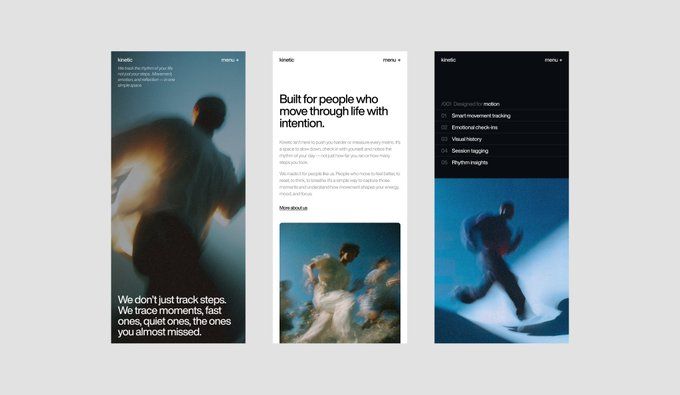 This design utilizes a highly minimalist and clean aesthetic, relying on strong typography and significant negative space to create a calm and focused user experience. The visual language is modern and functional, emphasizing data and intention through subtle photographic elements.