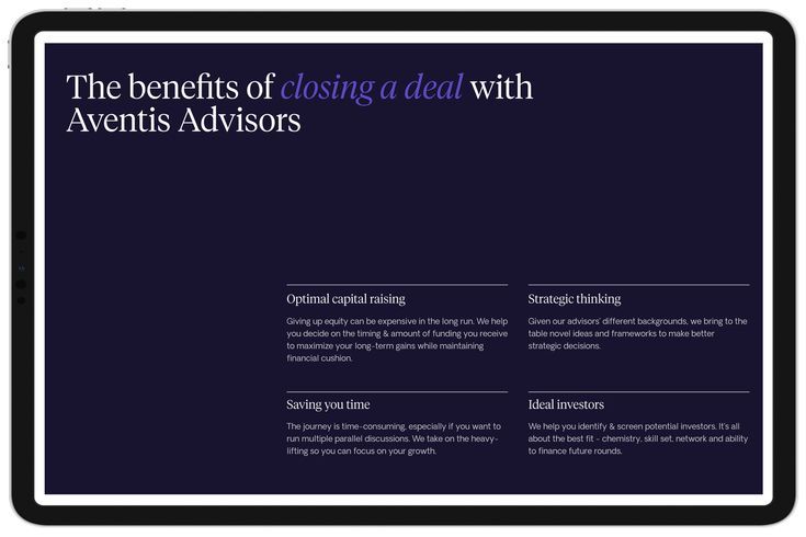 The design is clean, professional, and minimalist, utilizing a dark background with white text to convey seriousness and trust. The layout is simple, focusing the viewer's attention on clear, benefit-driven points.