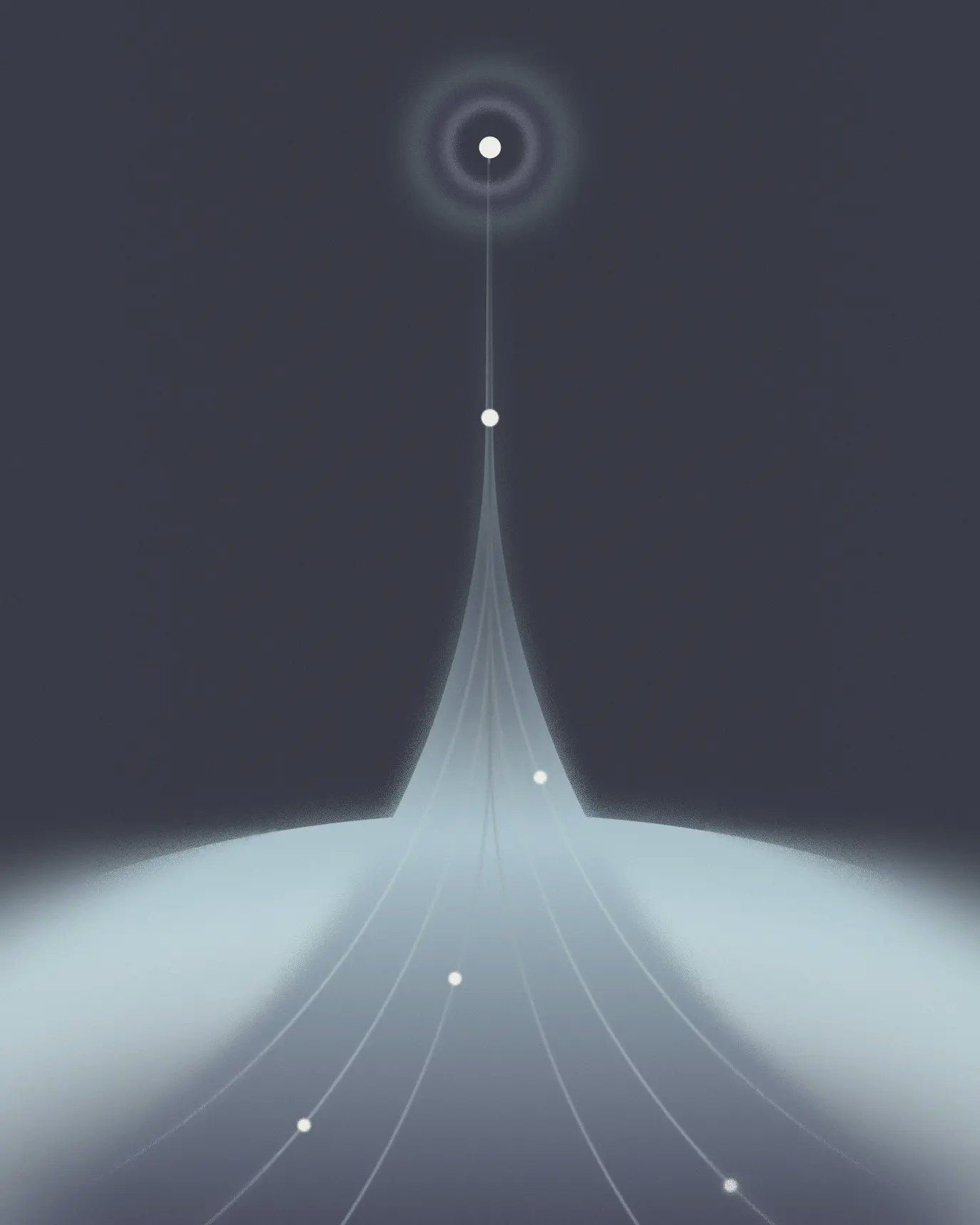 This image features a highly minimalist and abstract representation of light radiating from a central point into a hazy horizon. The visual language relies heavily on smooth gradients and stark contrast between the dark background and the subtle glowing lines, creating a sense of depth and ethereal focus.