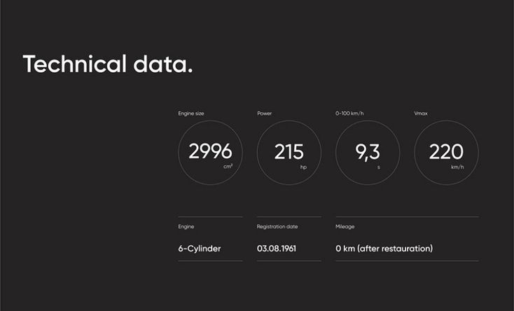 The design is minimalist and functional, employing a dark background with clean white text and circular data points to present technical specifications. The visual language is stark, relying heavily on negative space and precise typography to convey information efficiently.