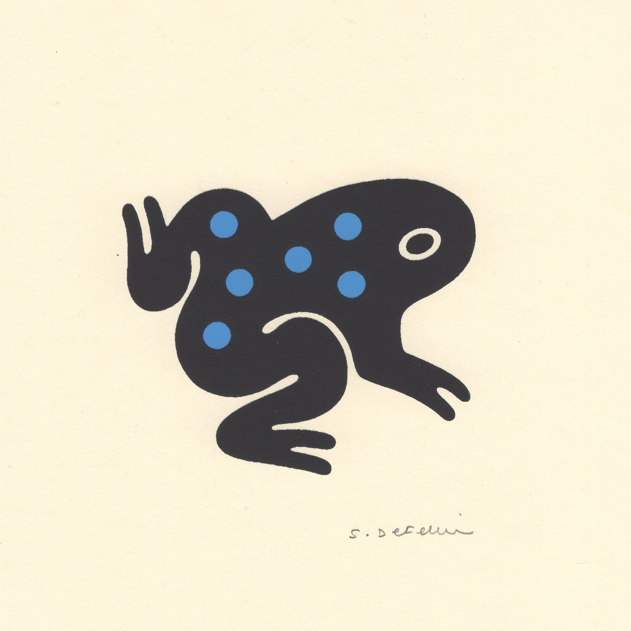 This is a minimalist, graphic illustration featuring a stylized, dark silhouette of an animal-like creature adorned with scattered blue dots. The design employs strong contrast and simple shapes to create a charming yet slightly enigmatic visual identity.
