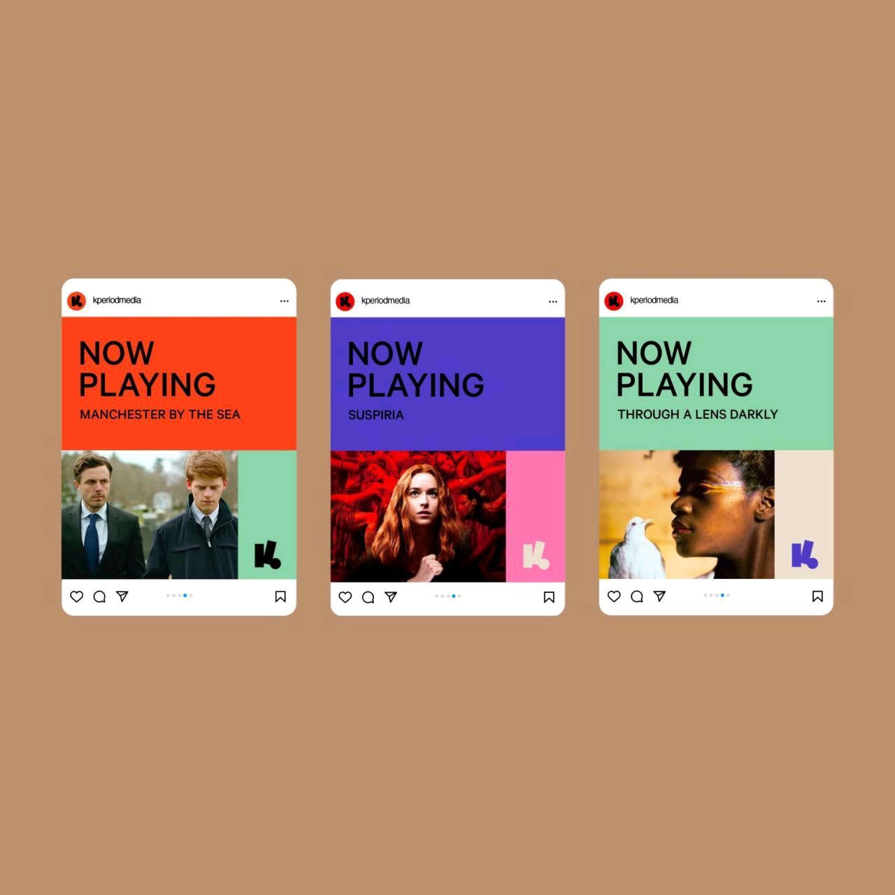 The image displays a set of three mobile screen mockups, likely from a video or media platform, characterized by clean, modern design with strong color blocking. The interface uses high-contrast text against vibrant background colors to convey immediate engagement.