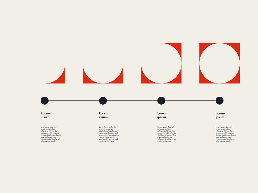 This is a minimalist, clean infographic design utilizing simple geometric shapes to represent progression or data points. The visual language is modern and relies heavily on negative space and a limited color palette to convey a sense of order and simplicity.