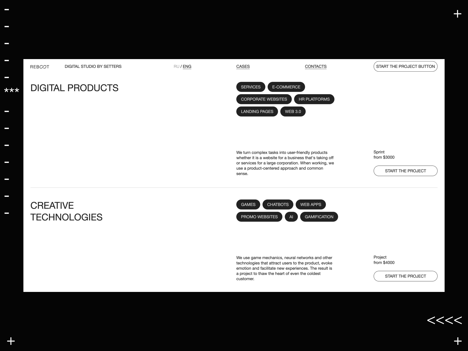 This design utilizes a sophisticated dark mode aesthetic, combining stark contrasts between black and white to emphasize clean structure and professionalism. The visual language is highly organized, relying on clear typography and segmented sections to present complex digital services in an accessible manner.