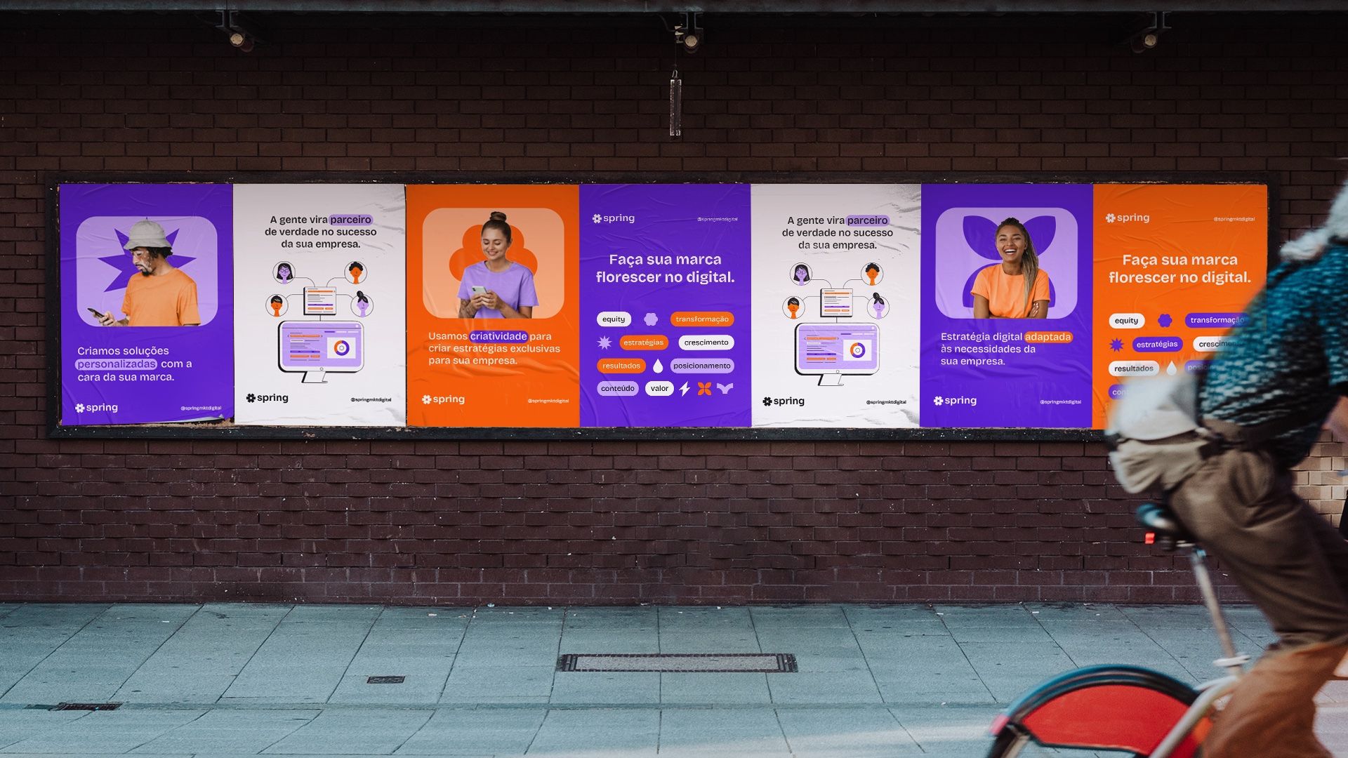 This is a large-scale horizontal graphic display featuring modular panels that communicate concepts related to digital presence and business interaction. The visual language is clean and relies on bright, contrasting colors set against a rustic background.