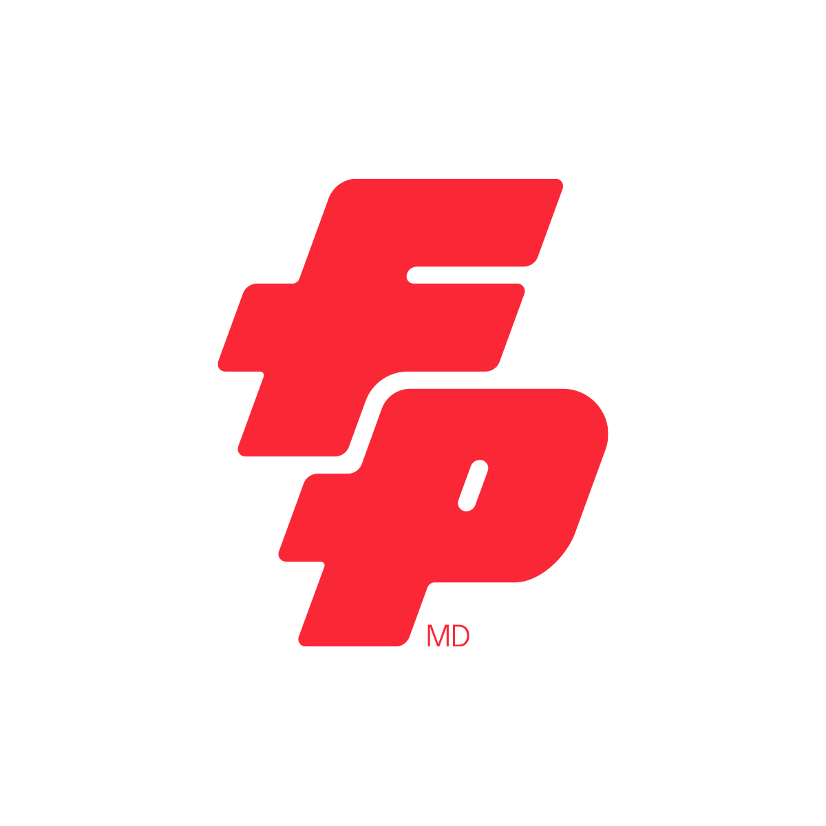 A bold, geometric logo featuring an abstract interlocking letterform in vibrant red with clean, modern lines and subtle rounded corners. The design combines angular and curved elements to create a dynamic, forward-moving visual identity with minimalist sophistication.