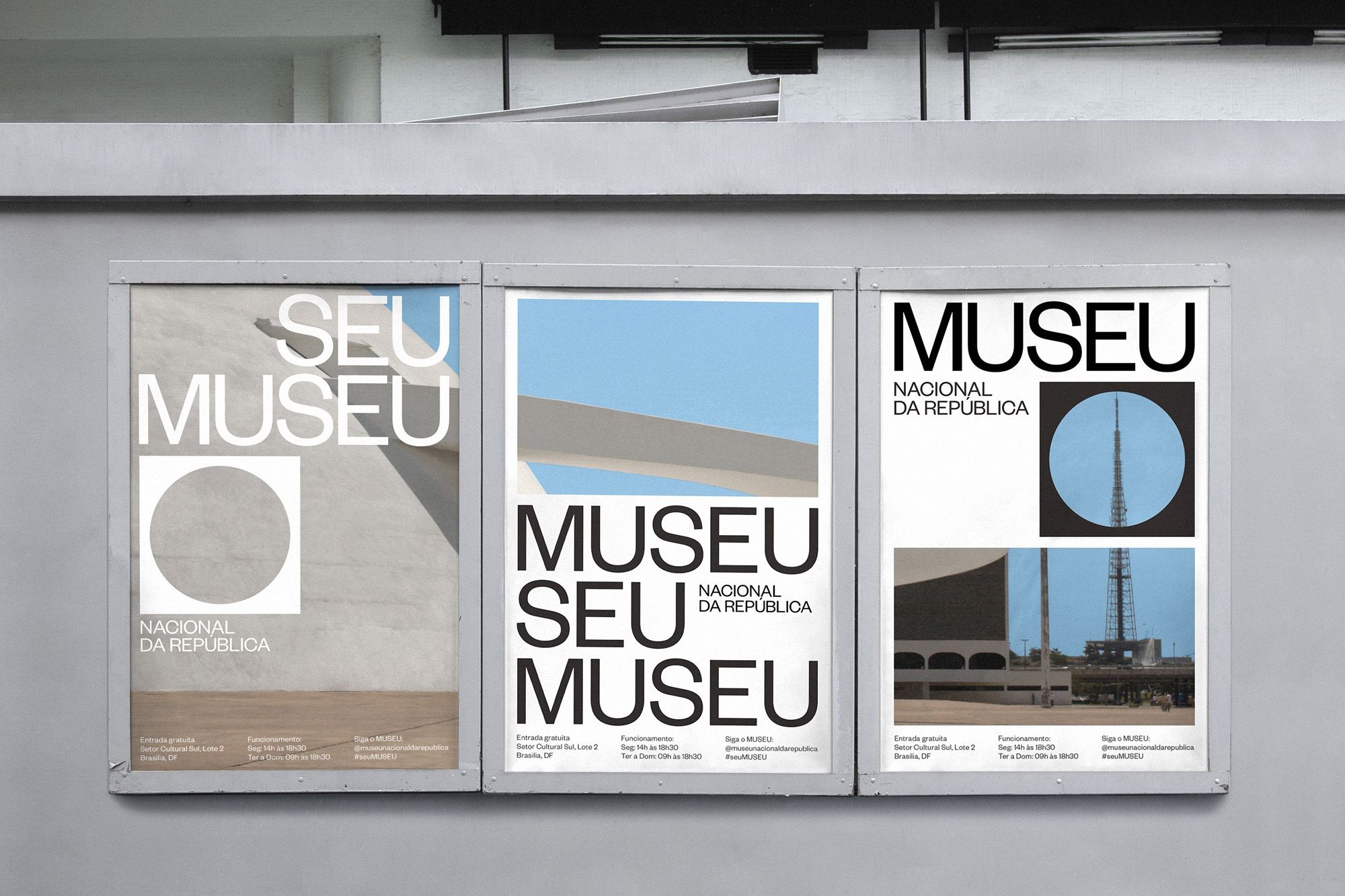 This design utilizes a clean, minimalist approach characterized by strong geometric shapes and high contrast typography to convey institutional information. The visual language is highly structured, relying on negative space and precise alignment to create a modern and authoritative feel.